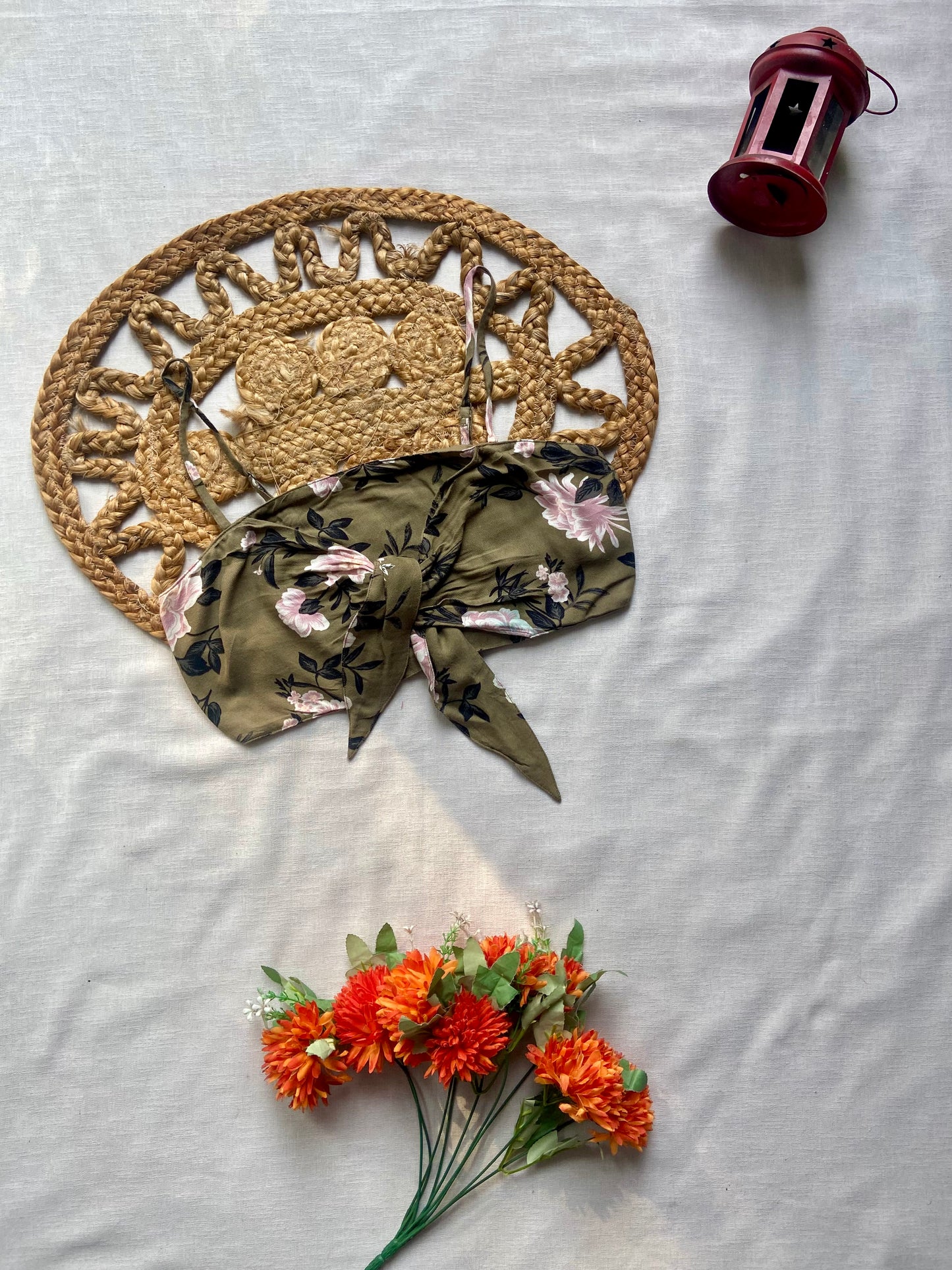 Olive Green Floral Knot Crop Top – Stylish Summer Wear