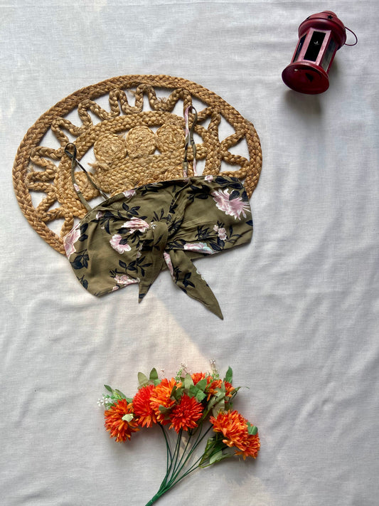 Olive Green Floral Knot Crop Top – Stylish Summer Wear