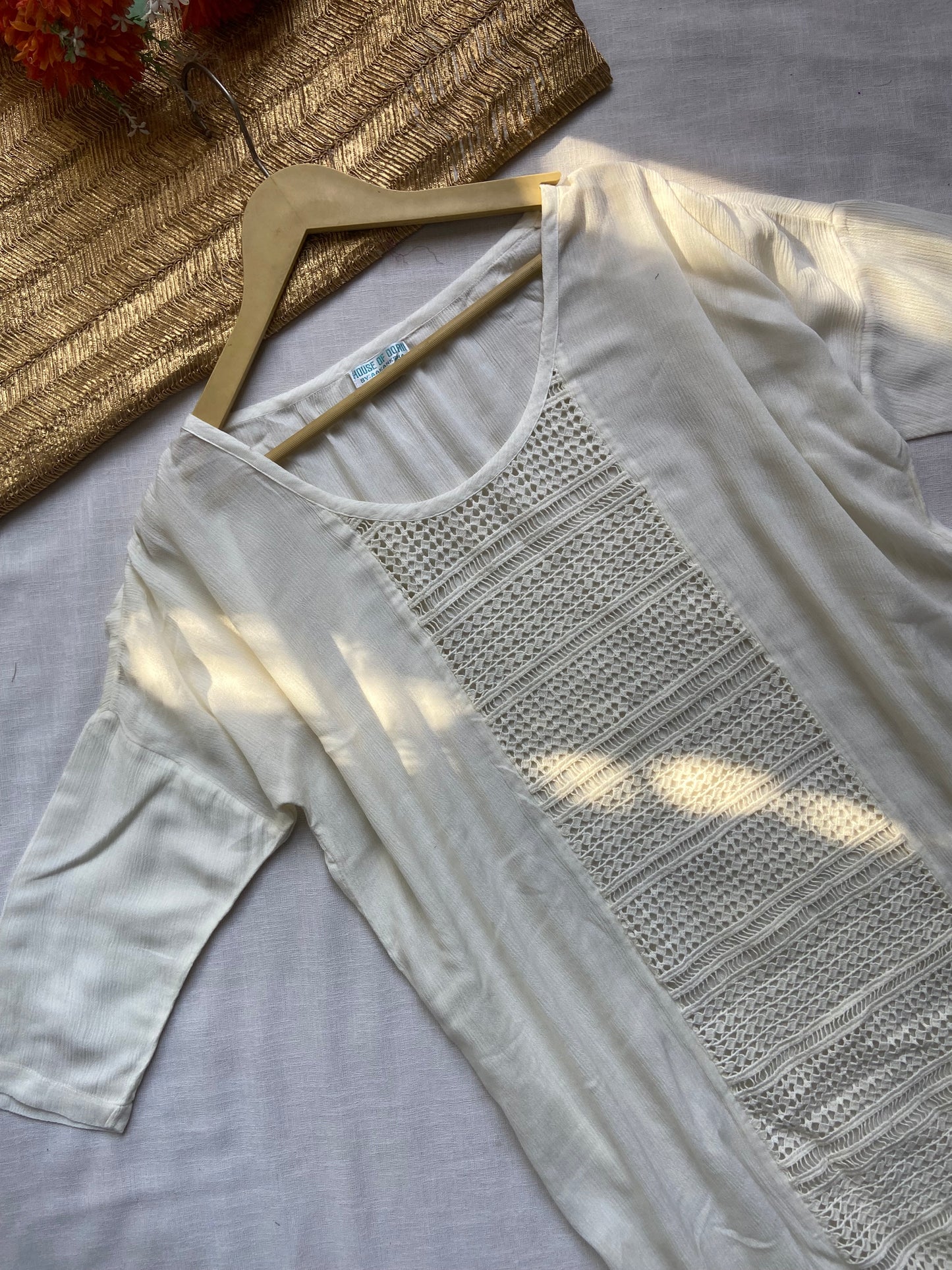 Women's Cream Crochet Panel Tunic Top