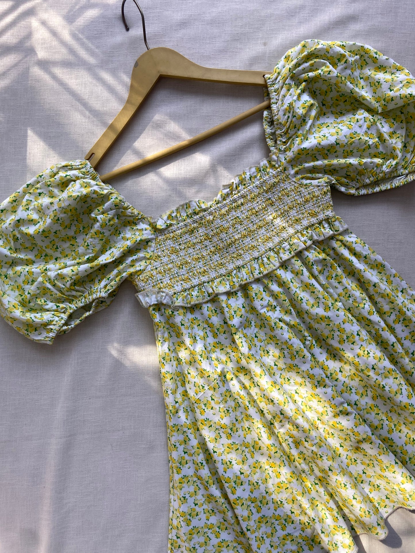 Yellow Floral Puff Sleeve Smocked Mini Dress