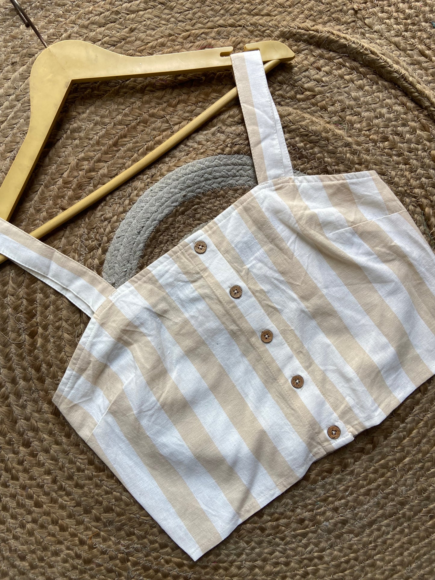 Women's Beige & White Striped Cotton Crop Top – Sleeveless Button-Down Style