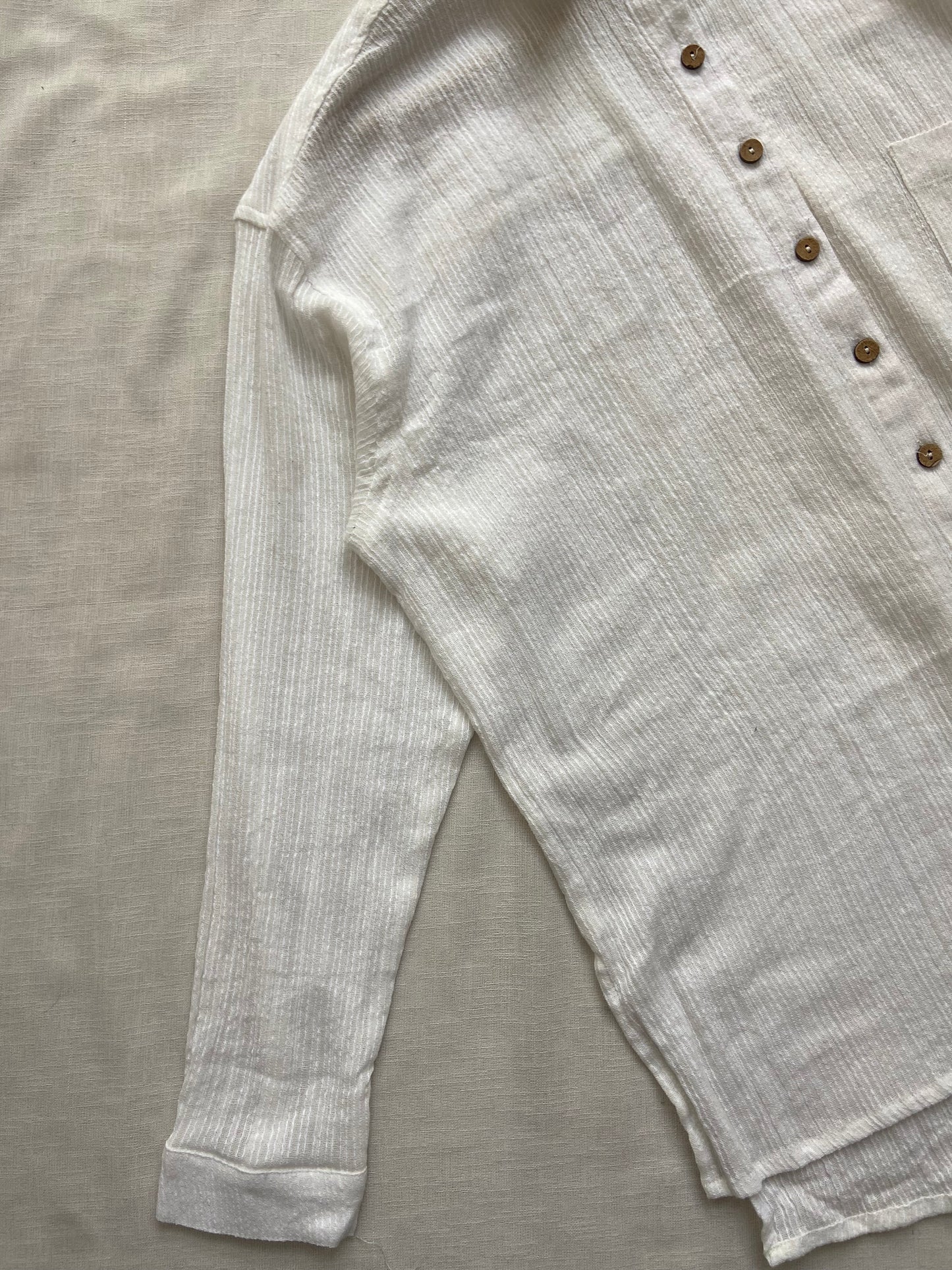 Elegant White Textured Cotton Shirt with Wooden Buttons