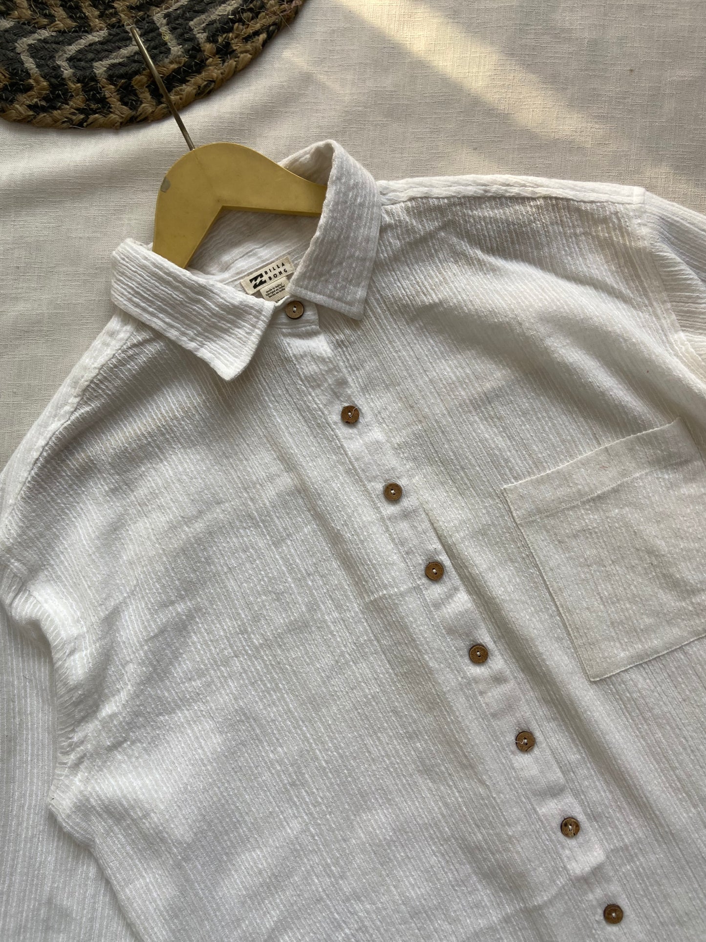 Elegant White Textured Cotton Shirt with Wooden Buttons