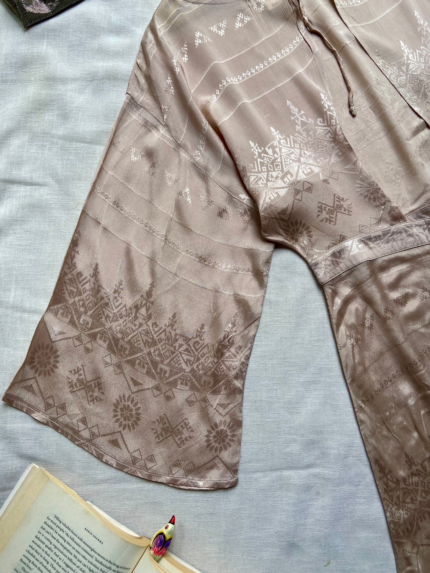 Elegant Beige Embroidered Satin Midi Dress with Flared Sleeves