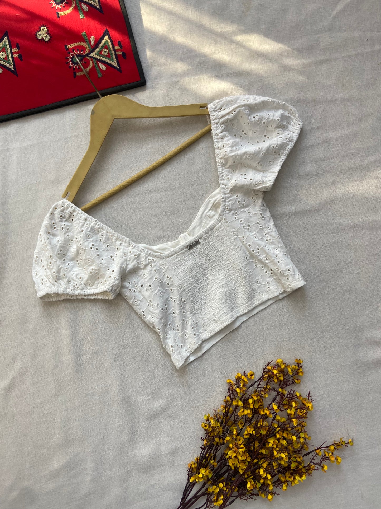 White Eyelet Puff Sleeve Crop Top