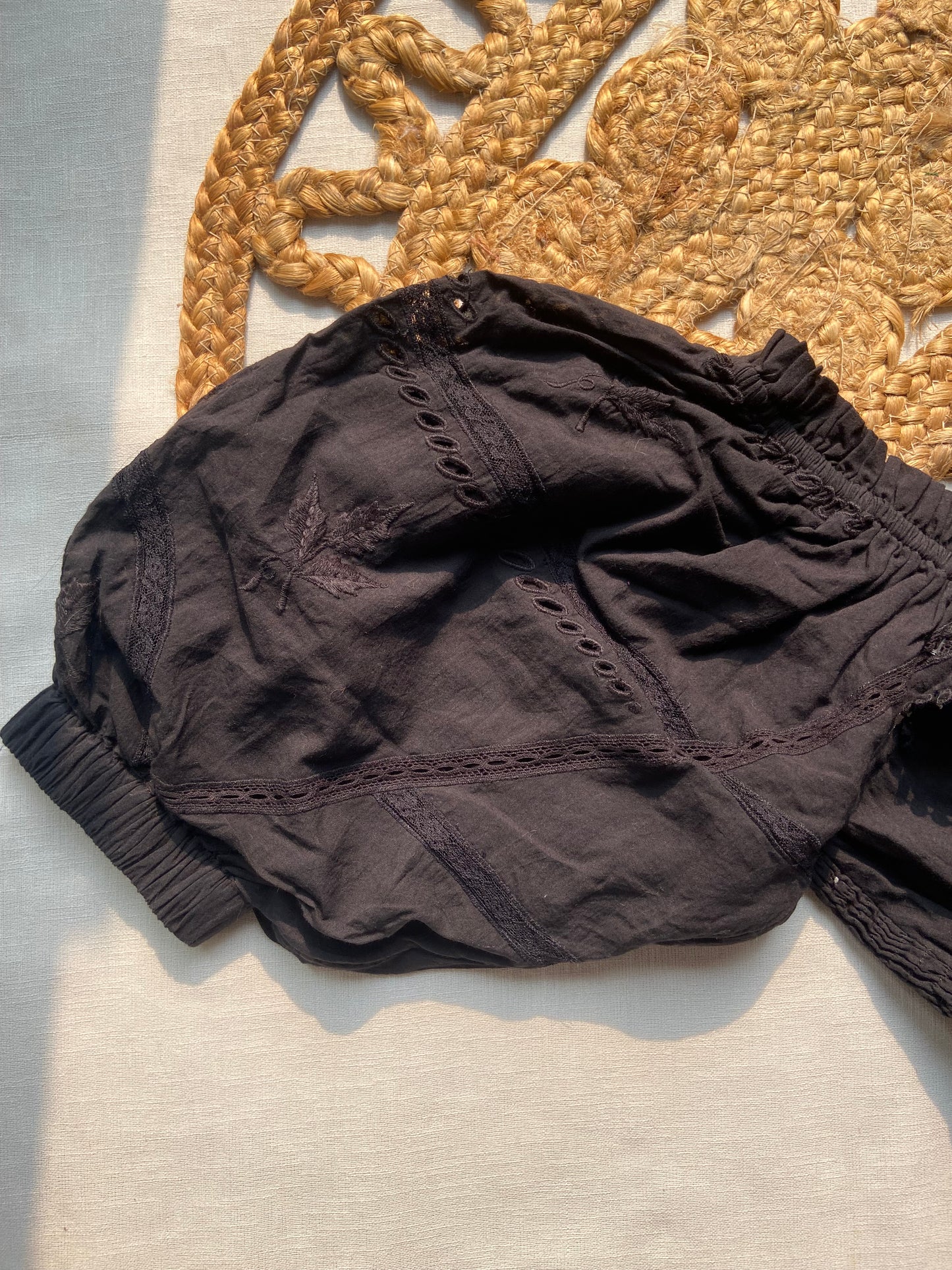 Black Cotton Puff Sleeve Embroidered Blouse for Women