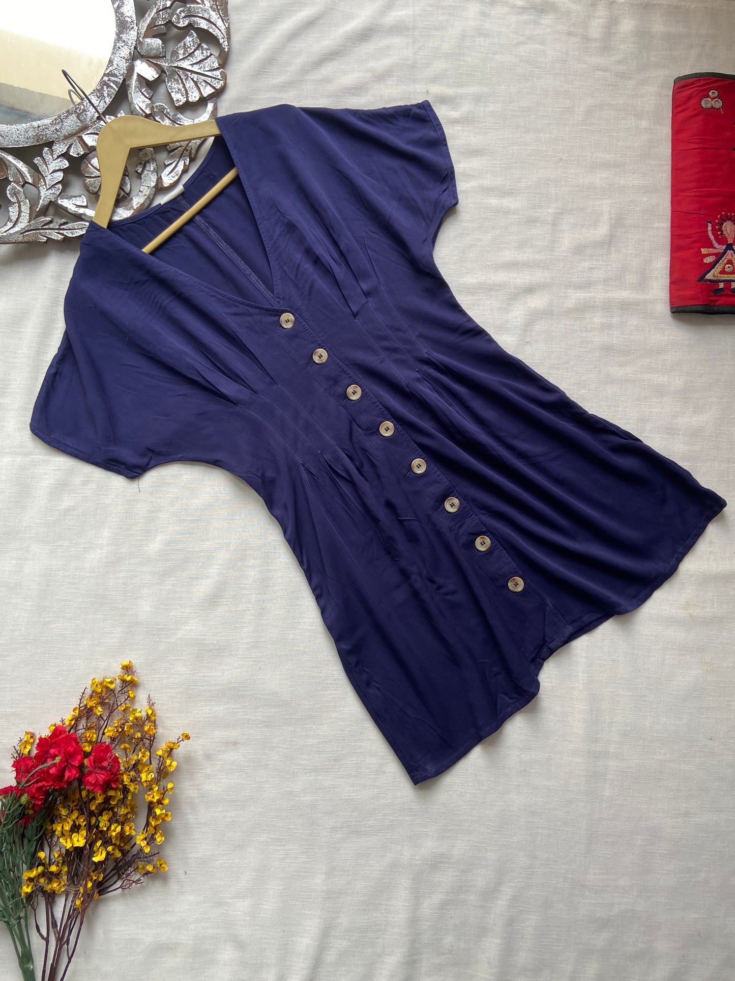 Blue V Neck Button Down Mini Dress