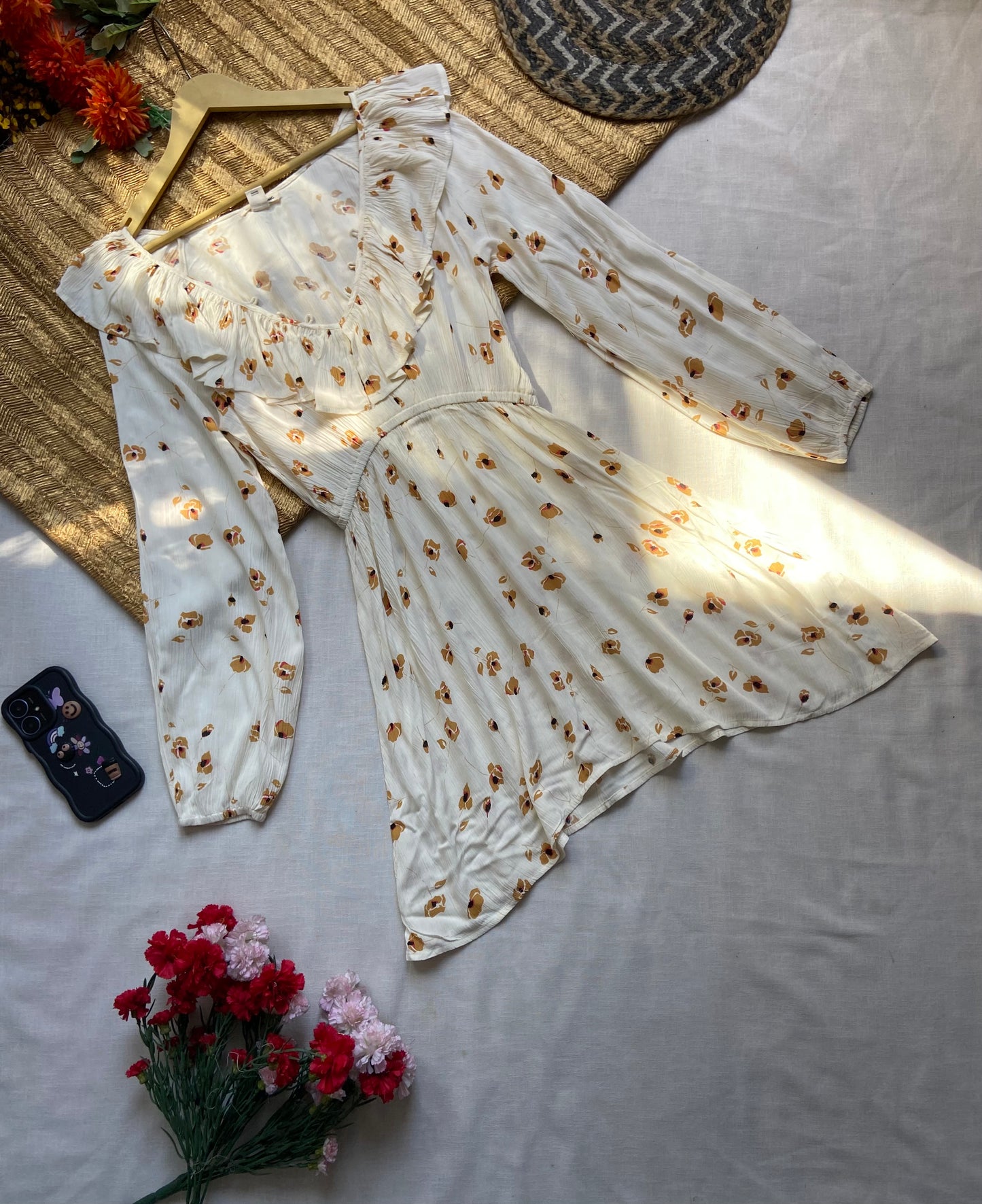 Floral Ruffle V-Neck Long Sleeve Dress