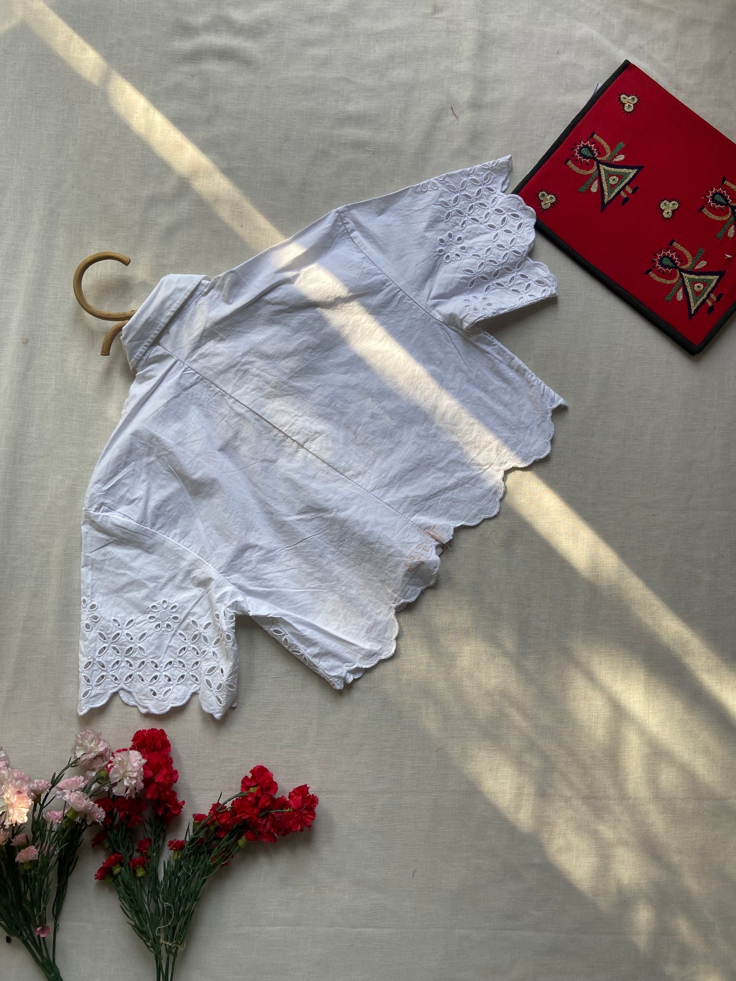 White Embroidered Eyelet Crop Shirt