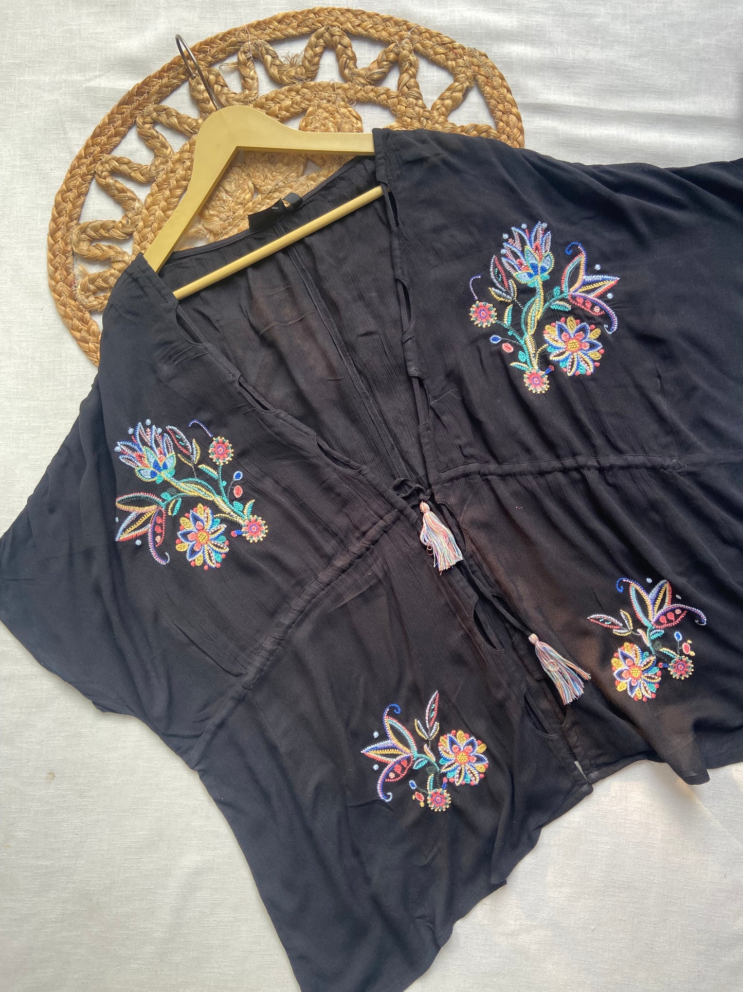 Black Embroidered Kimono Shrug for Women