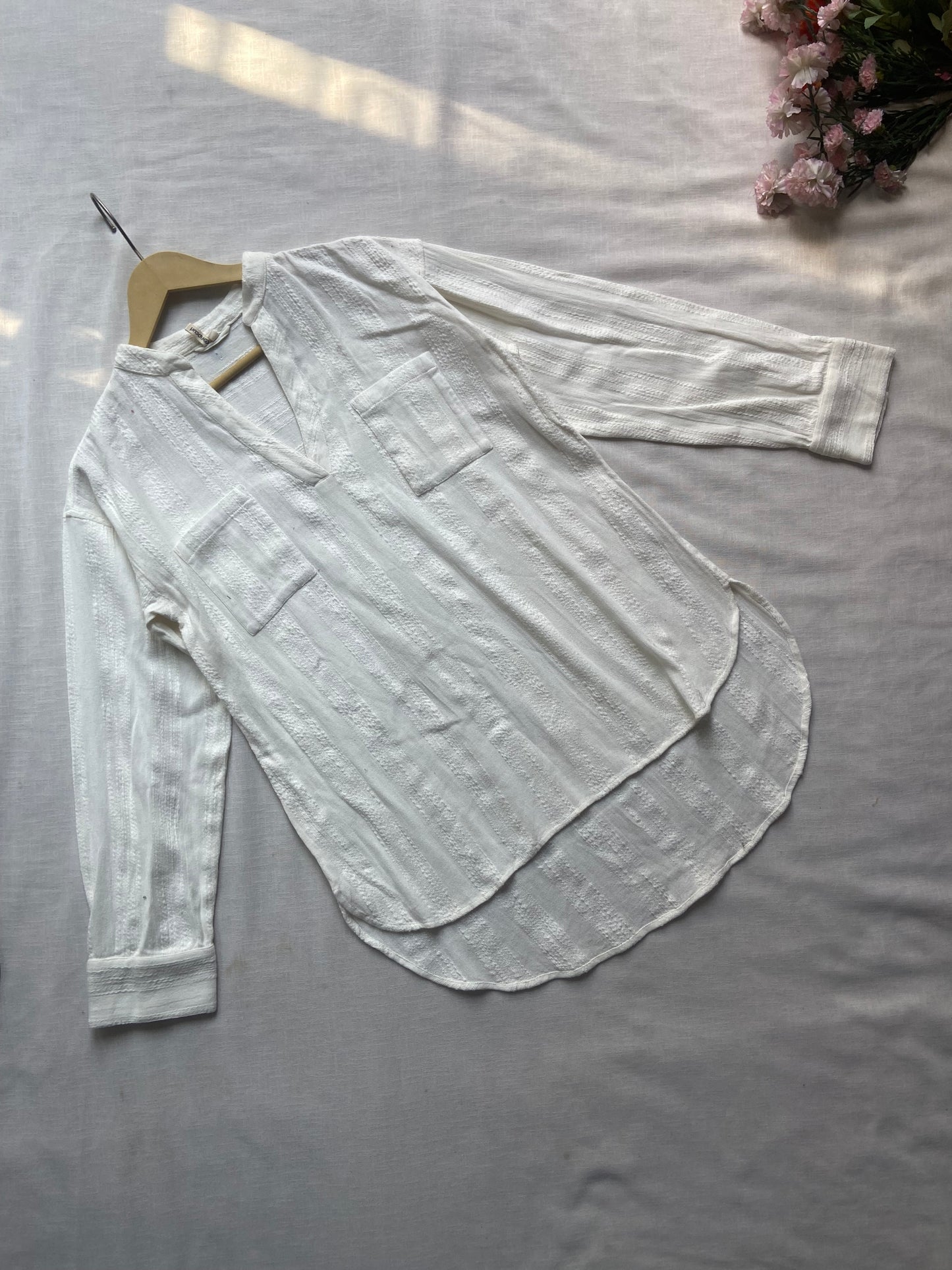 White Cotton Long Sleeve Textured Shirt for Women