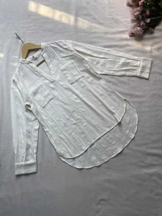 White Cotton Long Sleeve Textured Shirt for Women