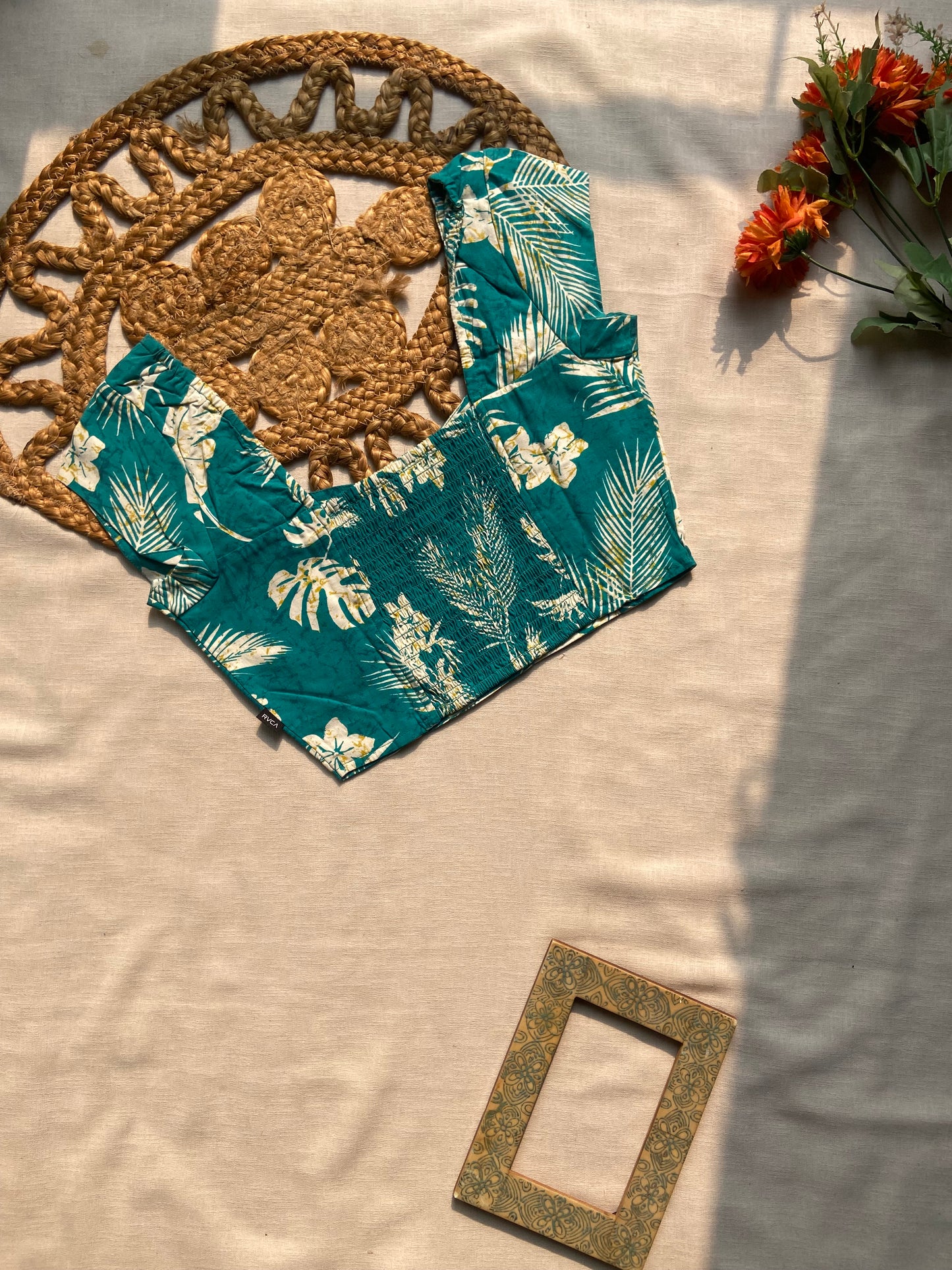 Tropical Green Floral Cotton Blouse for Women