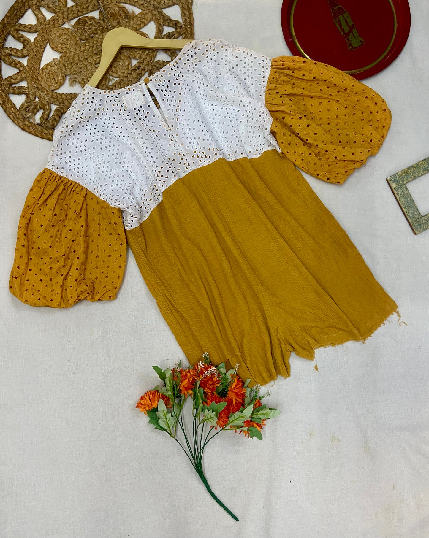 Women’s Mustard Yellow & White Cotton Top with Puff Sleeves