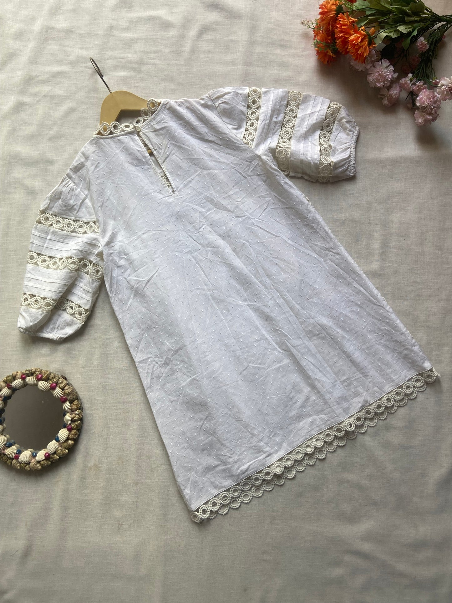 White Cotton Lace-Trimmed Dress for Girls