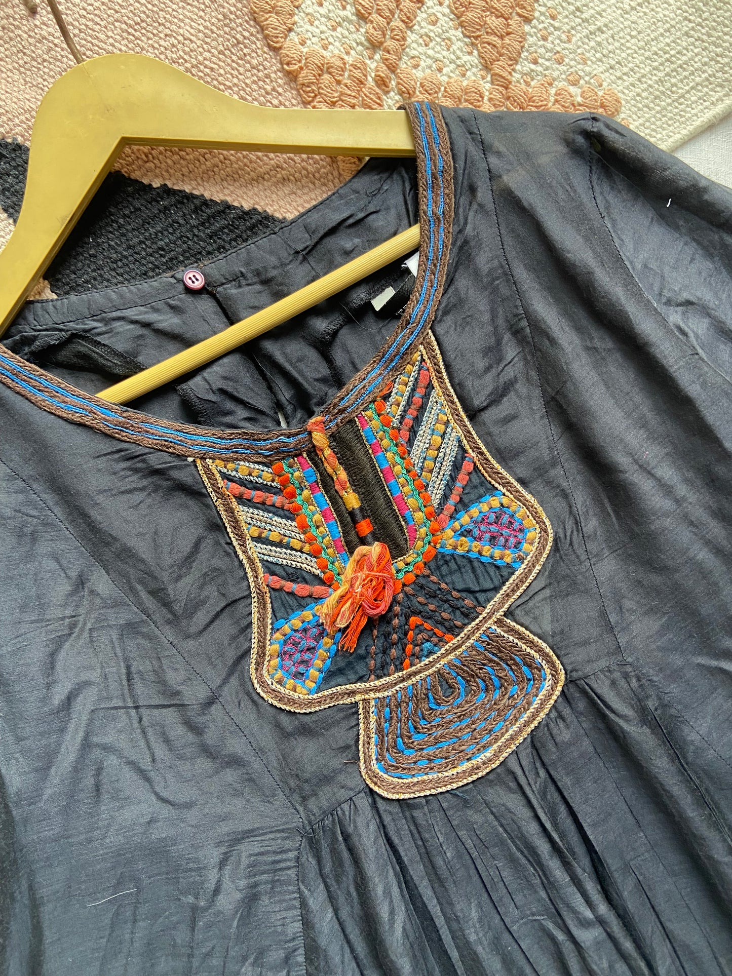 Women's Black Flared Tunic Top with Colorful Embroidery – Boho Ethnic Style