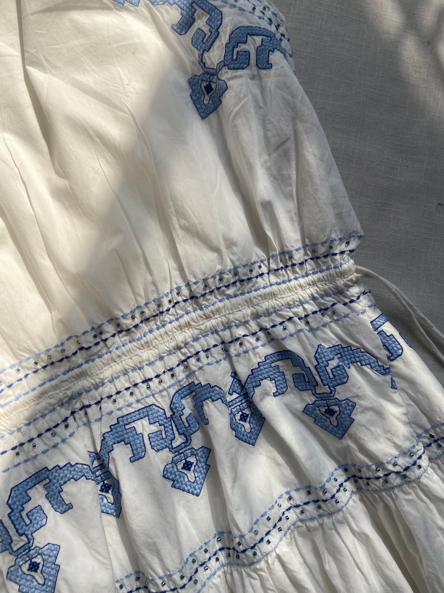 Elegant White Maxi Dress with Blue Embroidery