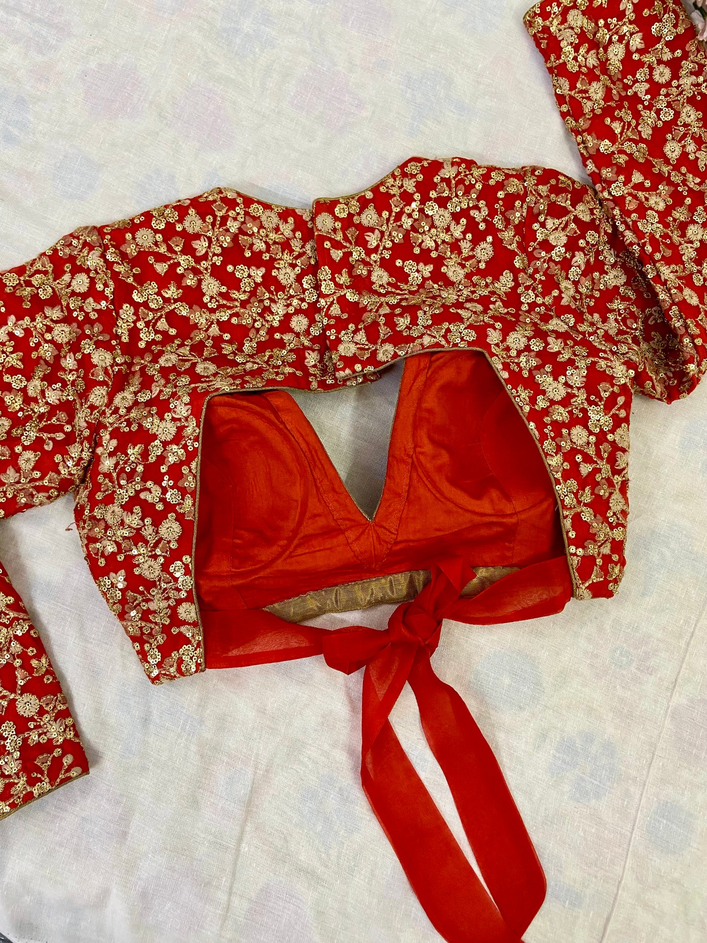 V neck semi backless full sleeve blouse