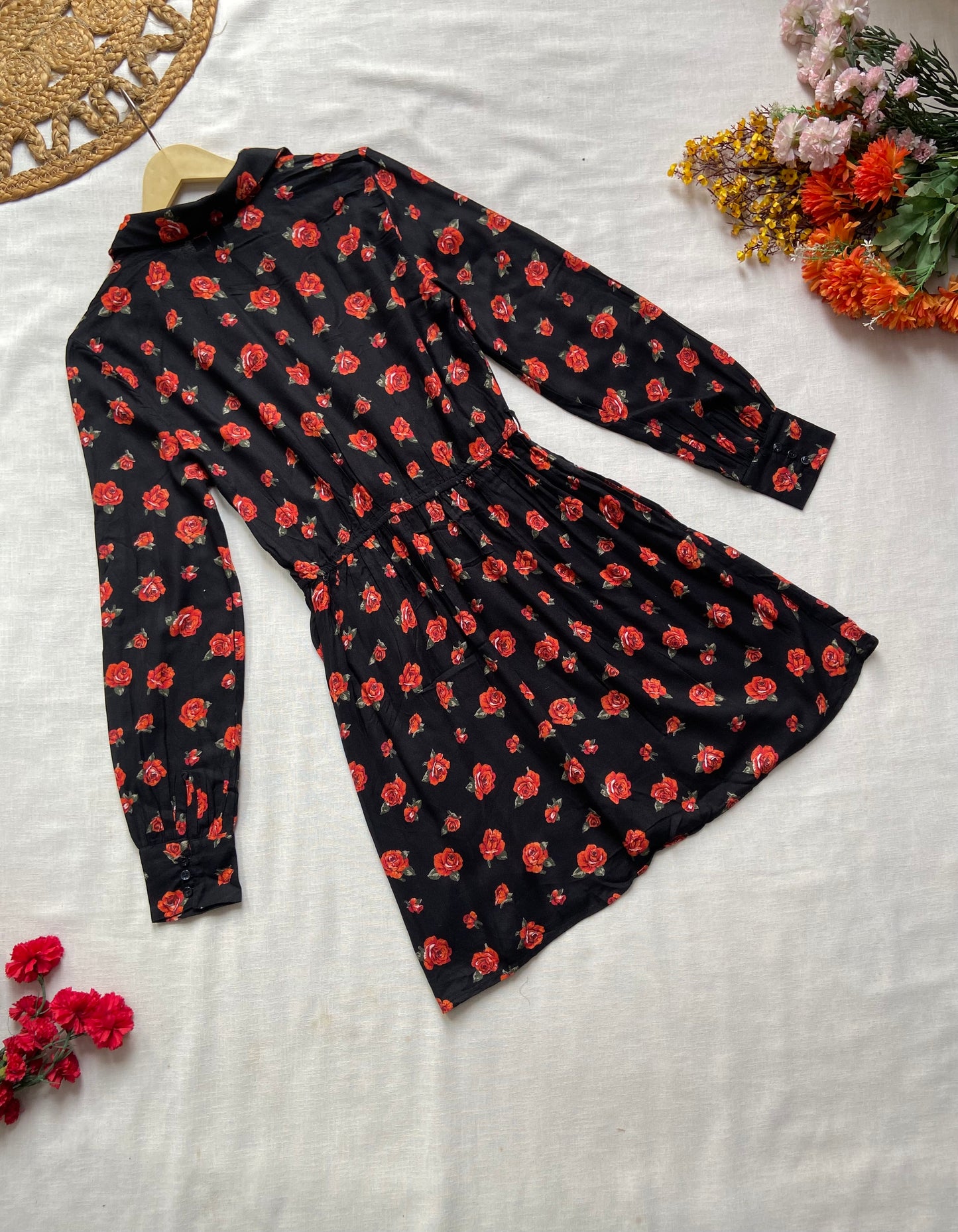 Women's Black Floral Print Long Sleeve Mini Dress