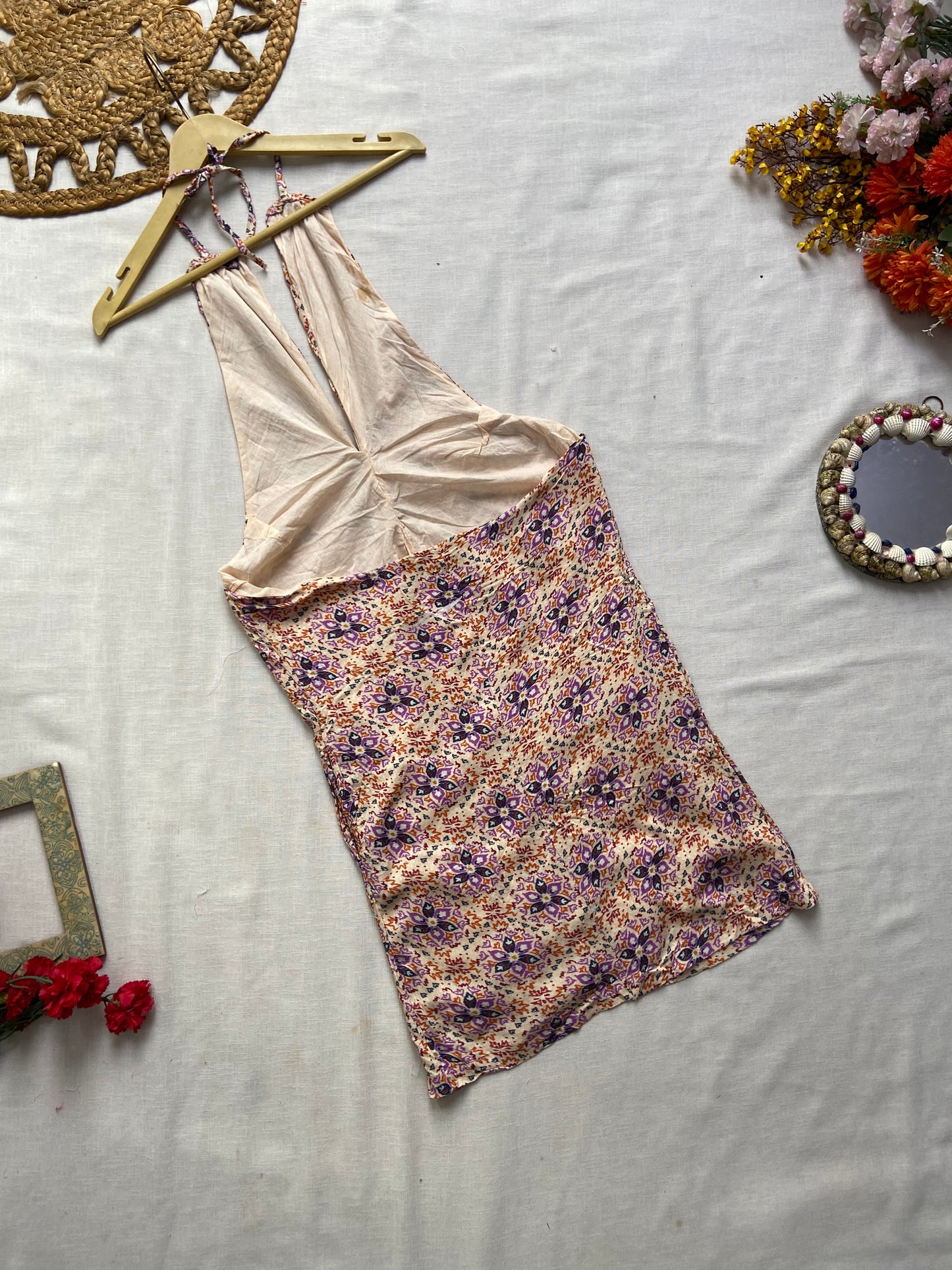 Beige Floral Halter Neck Backless Mini Dress