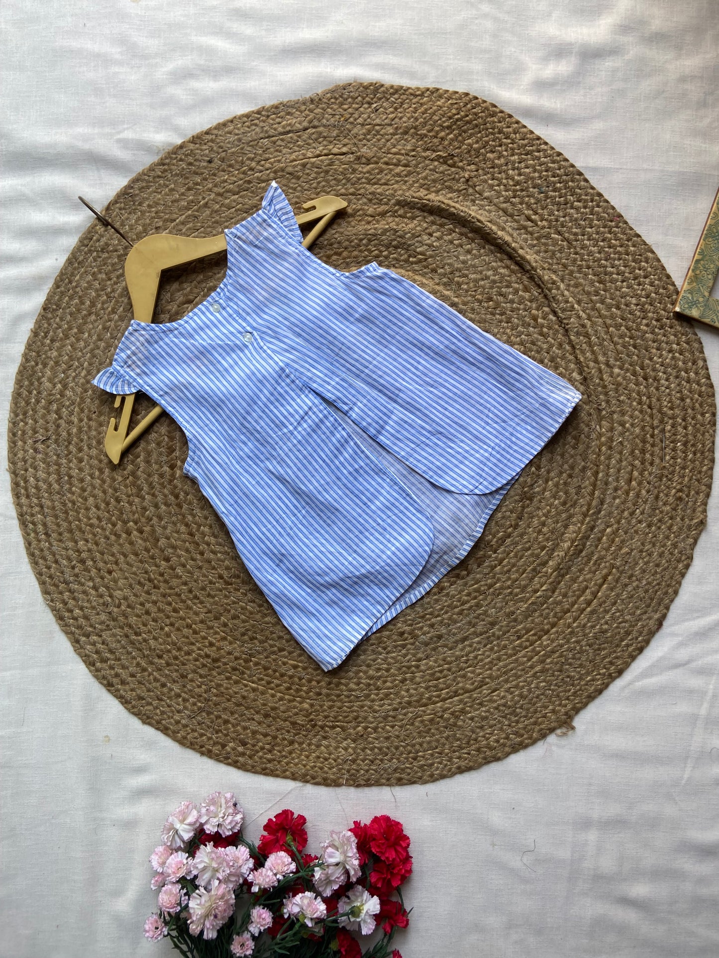 Girls' Blue Striped Sleeveless Cotton Top – Embroidered Floral Detail with Ruffle Neck