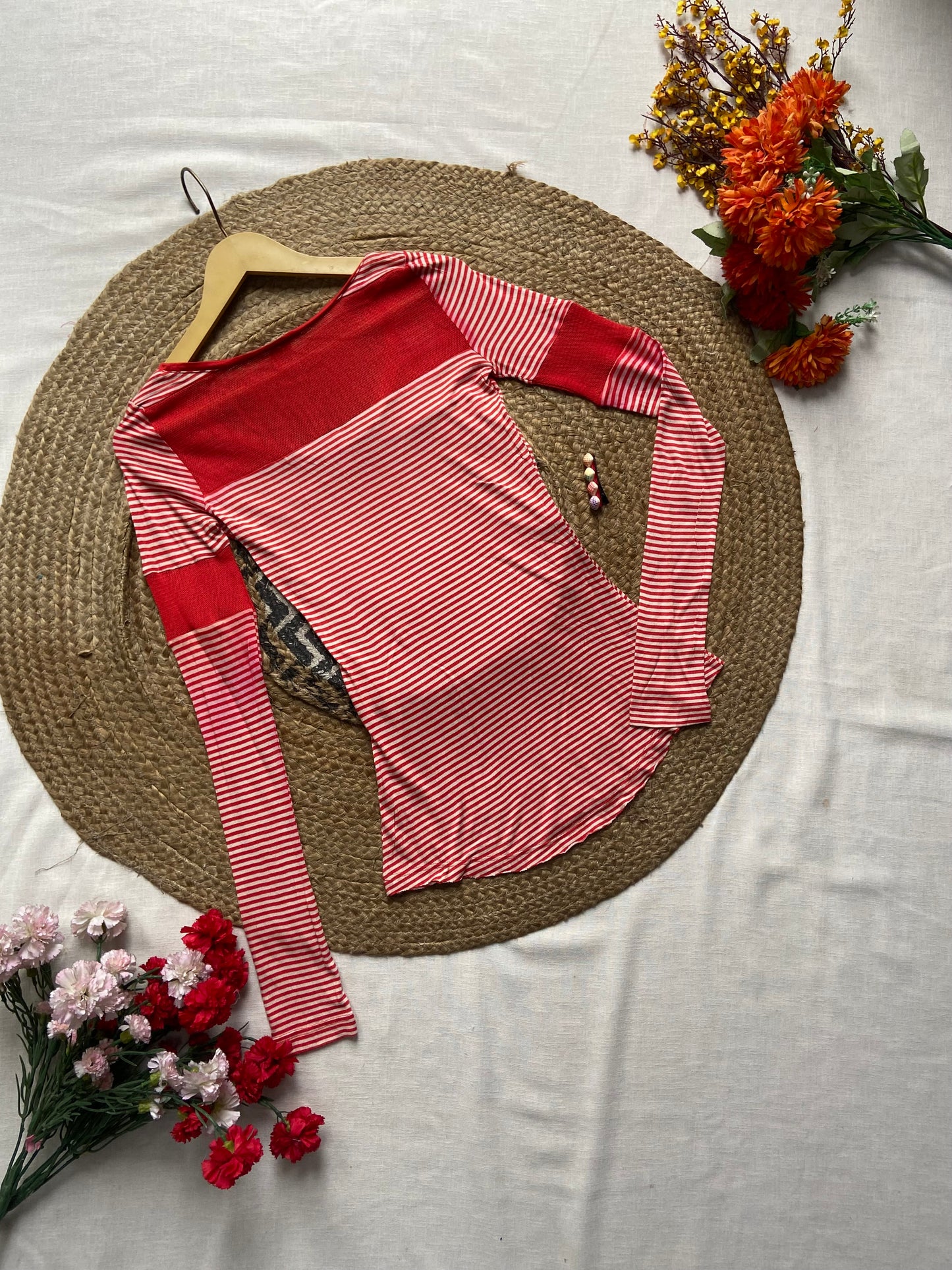 Women's Red and White Striped Long Sleeve Top