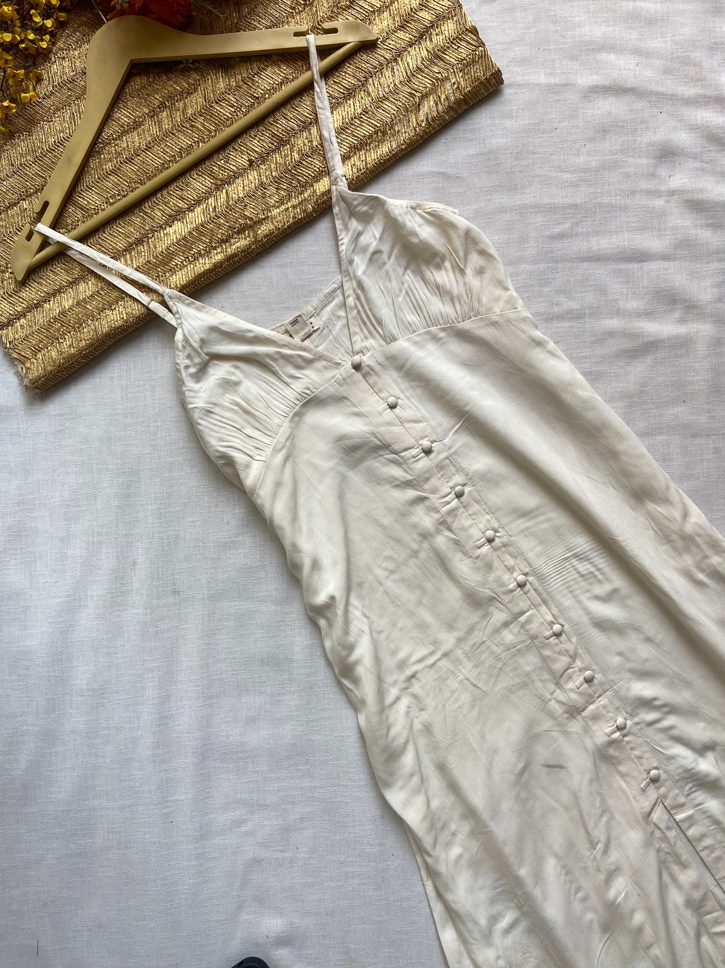 Women's Cream Satin Slip Dress with Front Button Detailing