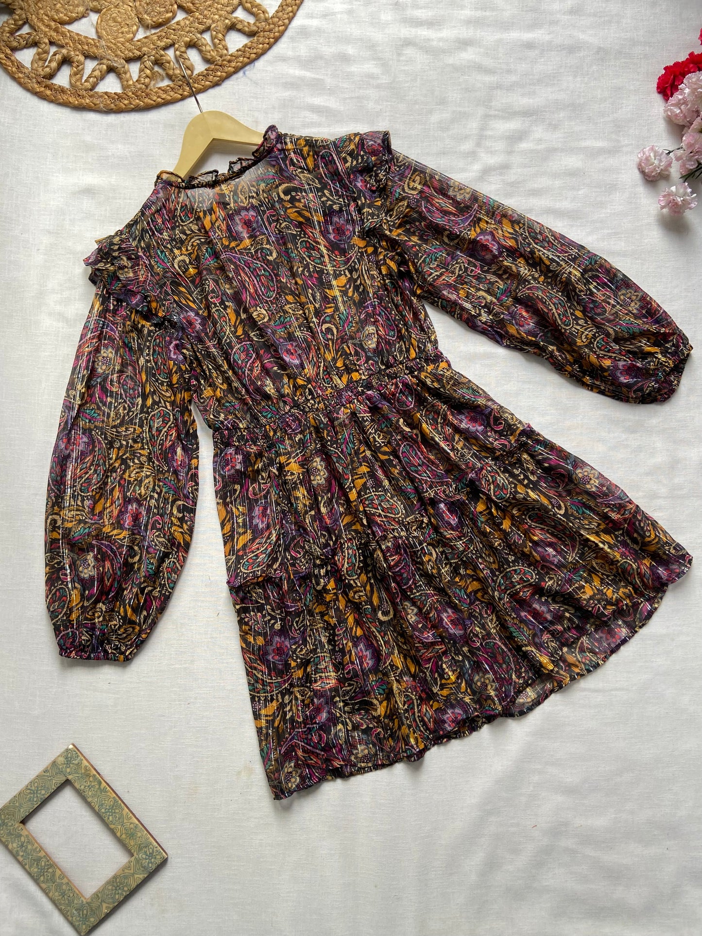 Boho Puff Sleeve Lurex Mini Dress