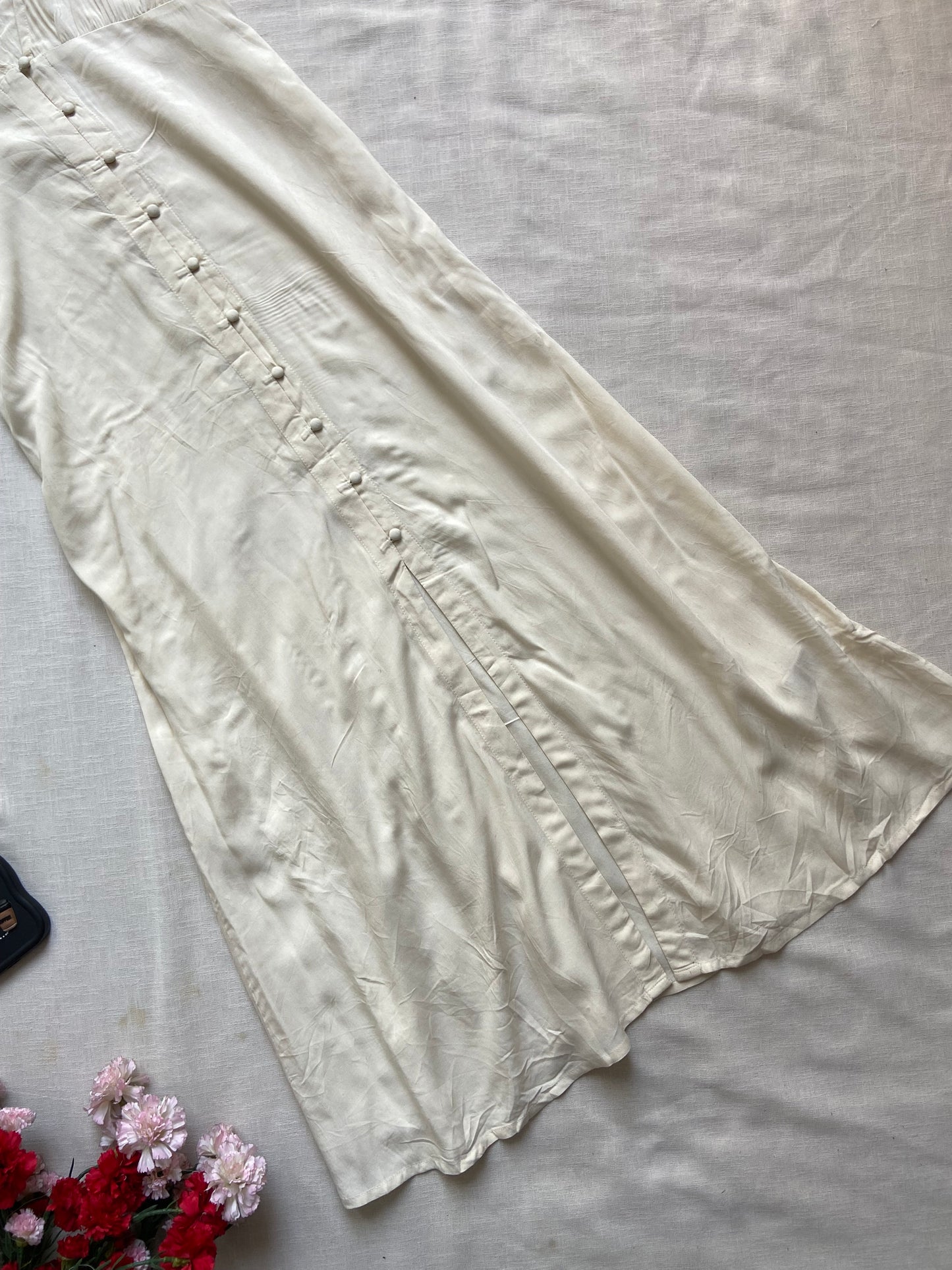 Women's Cream Satin Slip Dress with Front Button Detailing