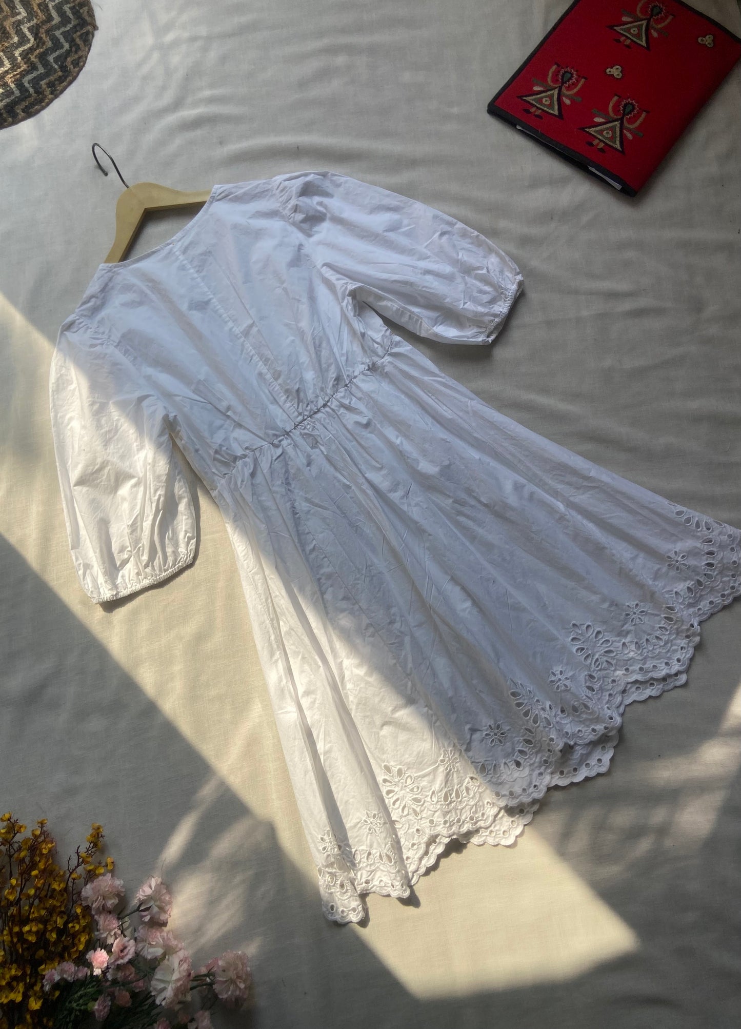 White Embroidered Puff Sleeve Dress