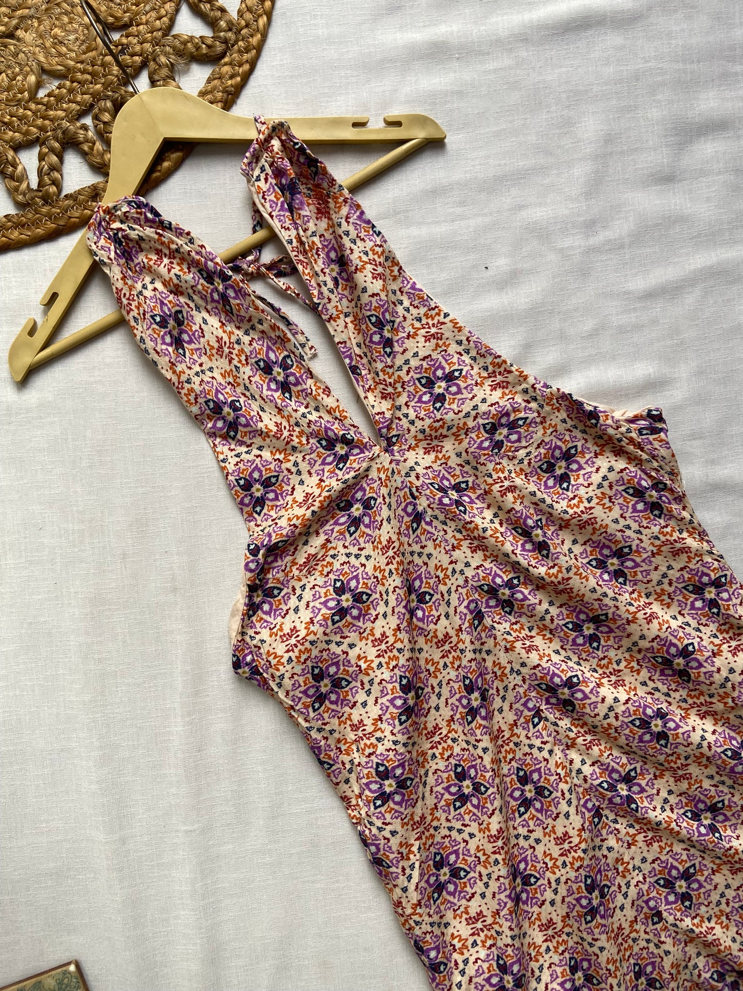 Beige Floral Halter Neck Backless Mini Dress