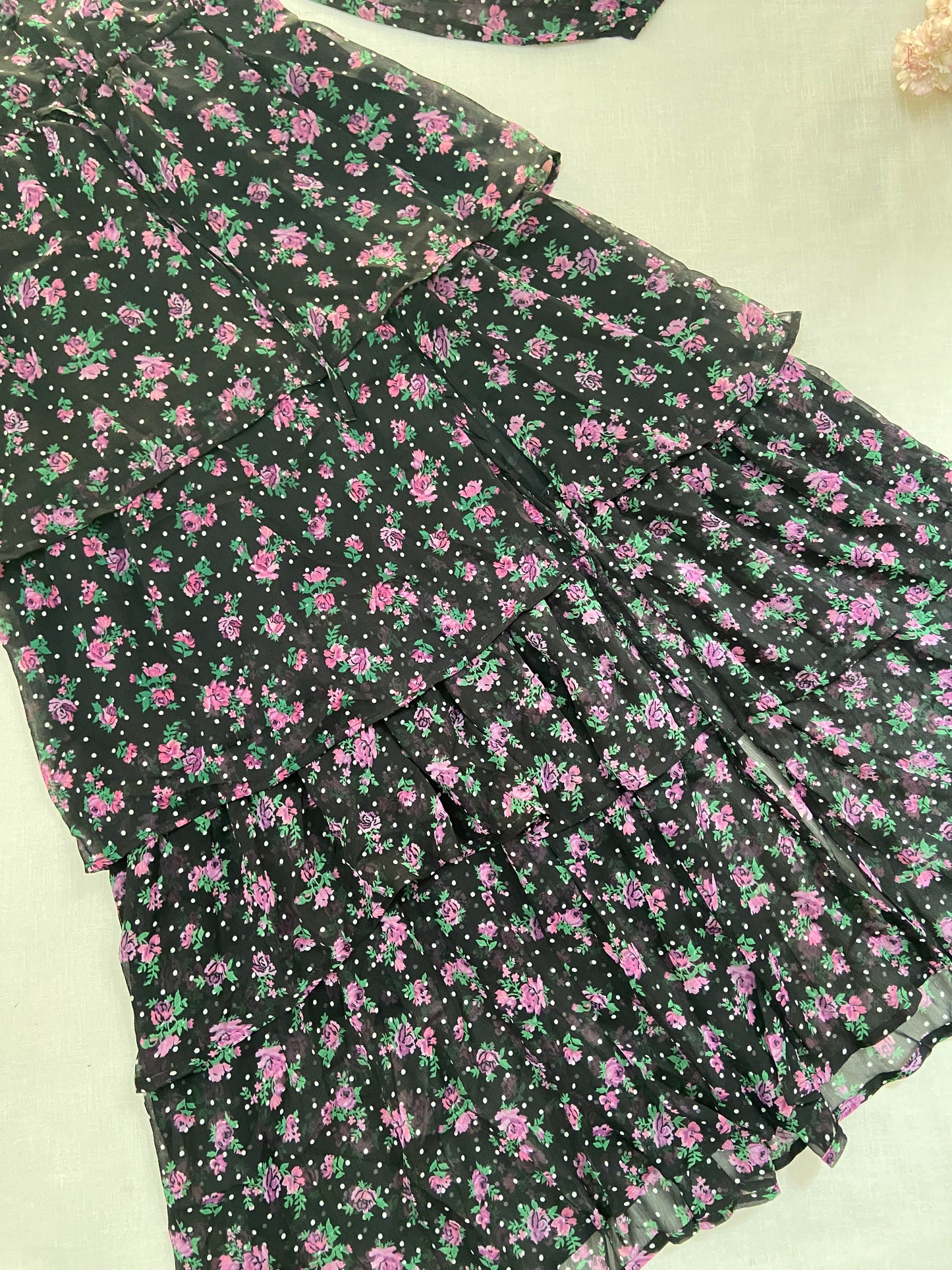 Black Floral Chiffon Midi Dress with Long Sleeves