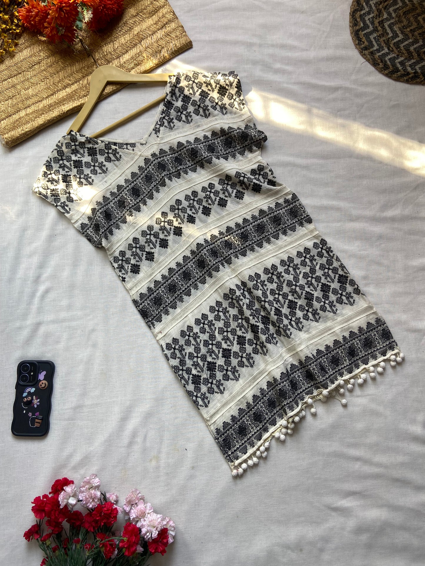 Women's White Striped A-Line Midi Skirt with Bow Belt