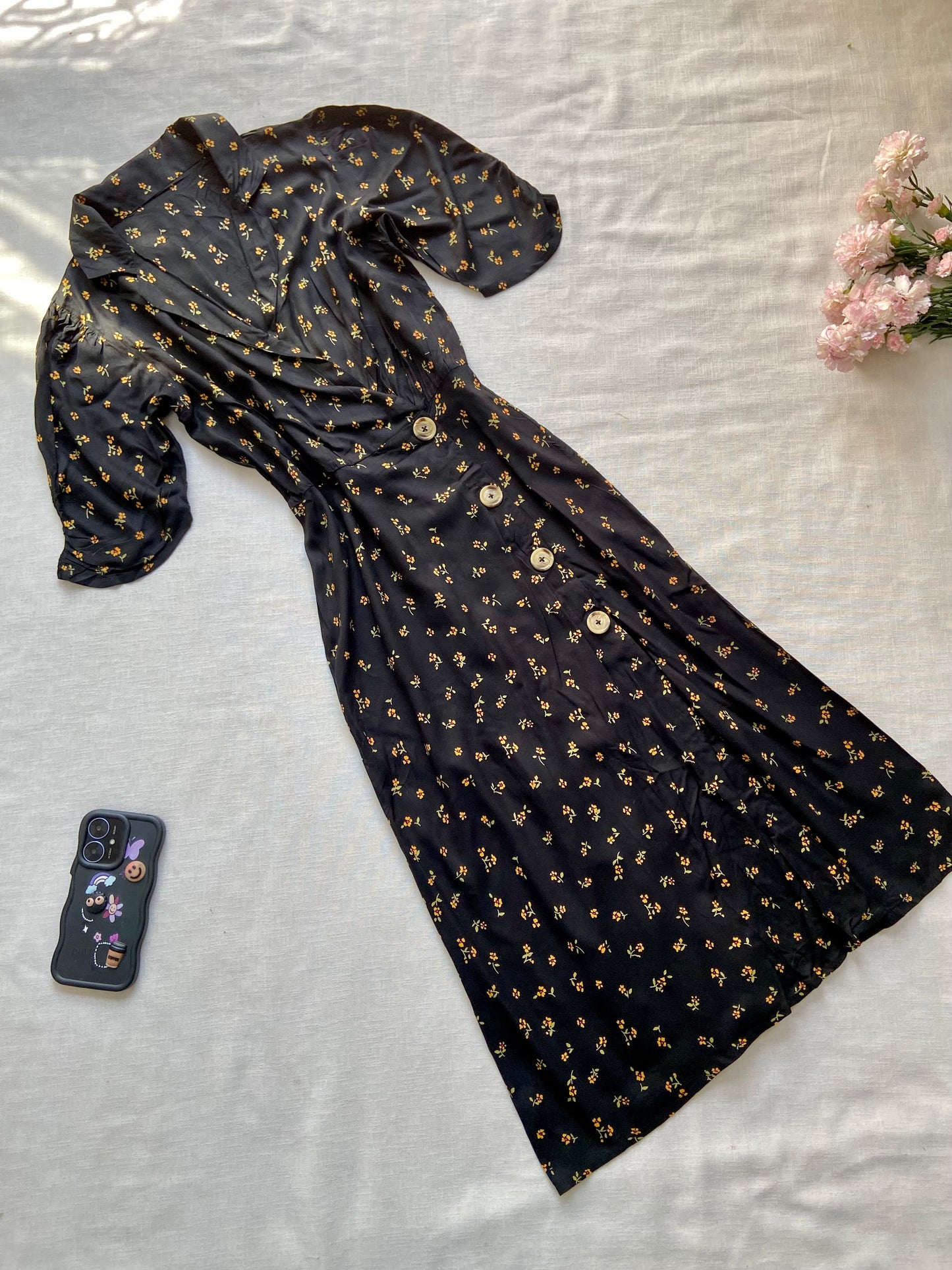 Black Floral Button-Front Midi Dress with Puff Sleeves