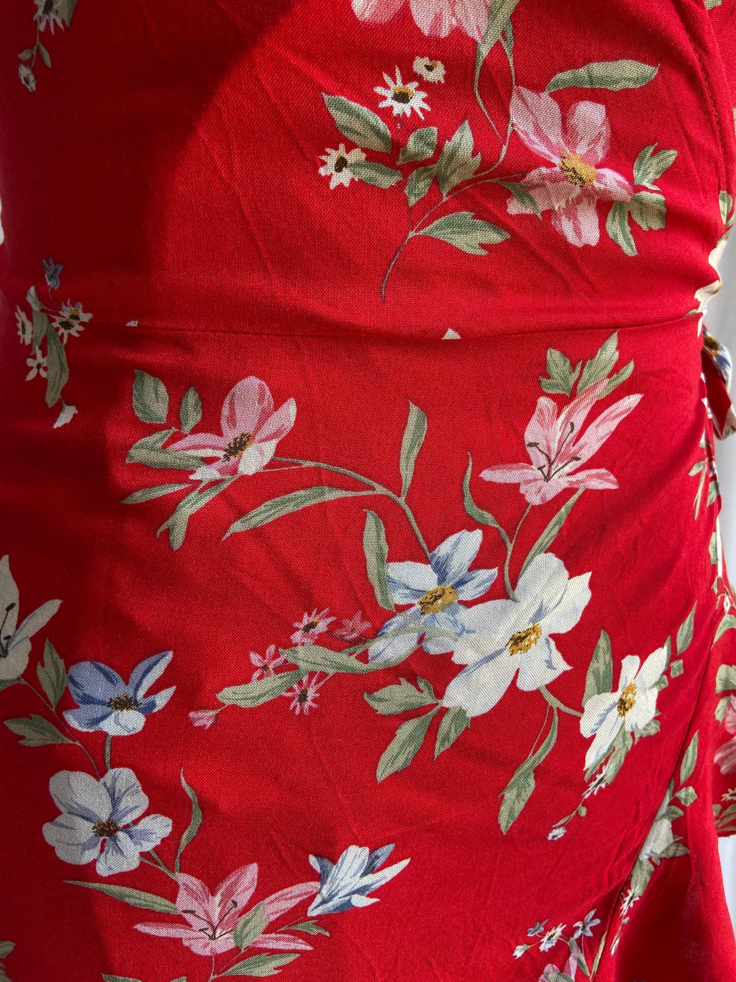 Red Floral Wrap Mini Dress with Ruffle Hem