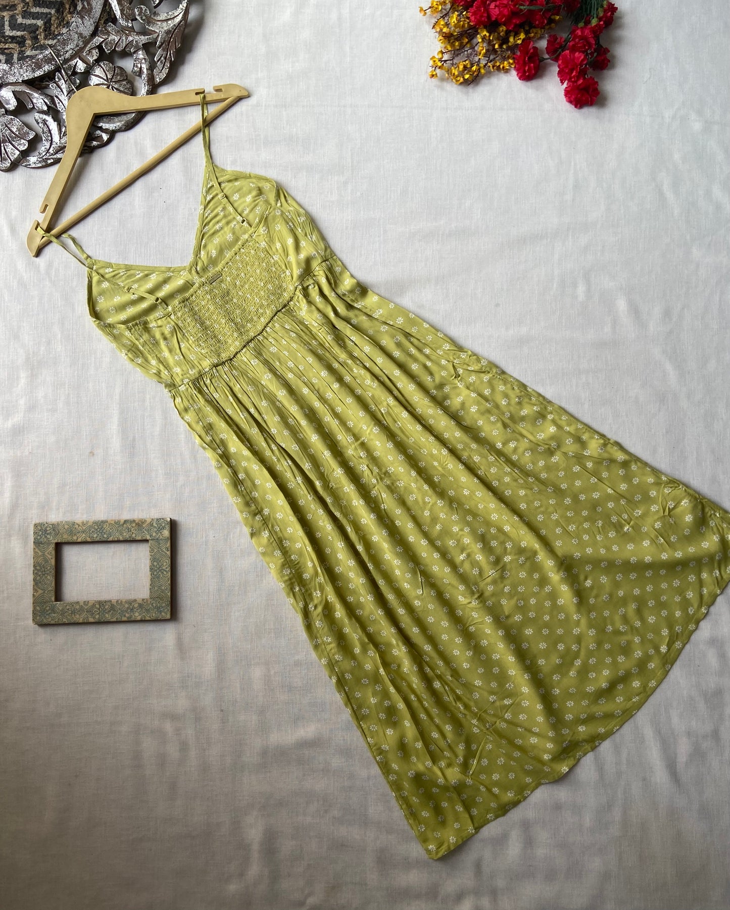 Green Printed Button Down Midi Dress