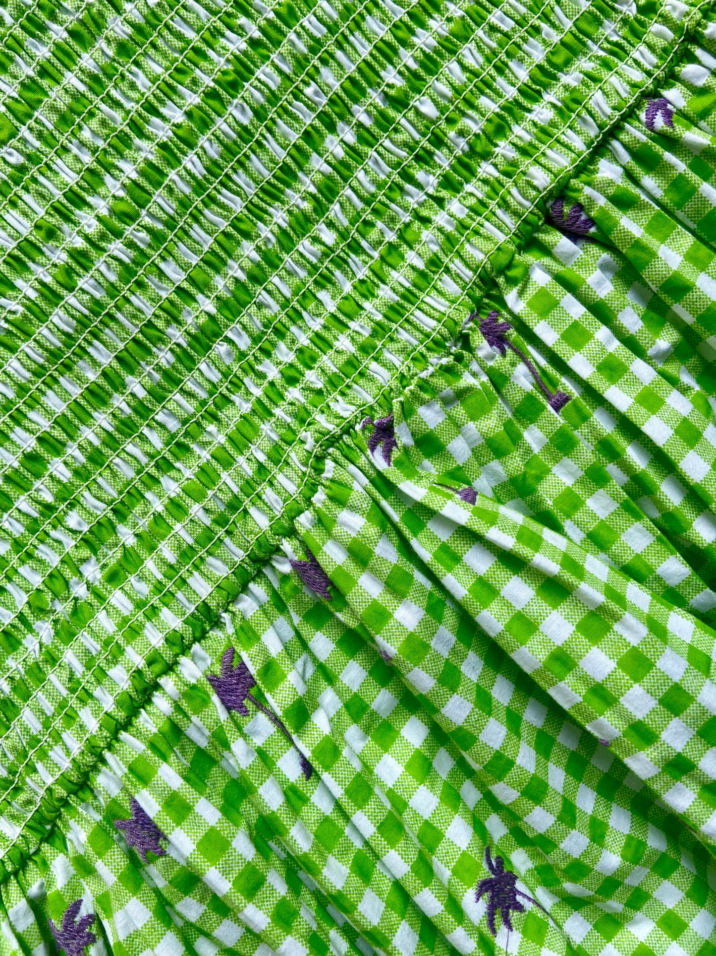 Girls Green One Shoulder Gingham Dress with Floral Print