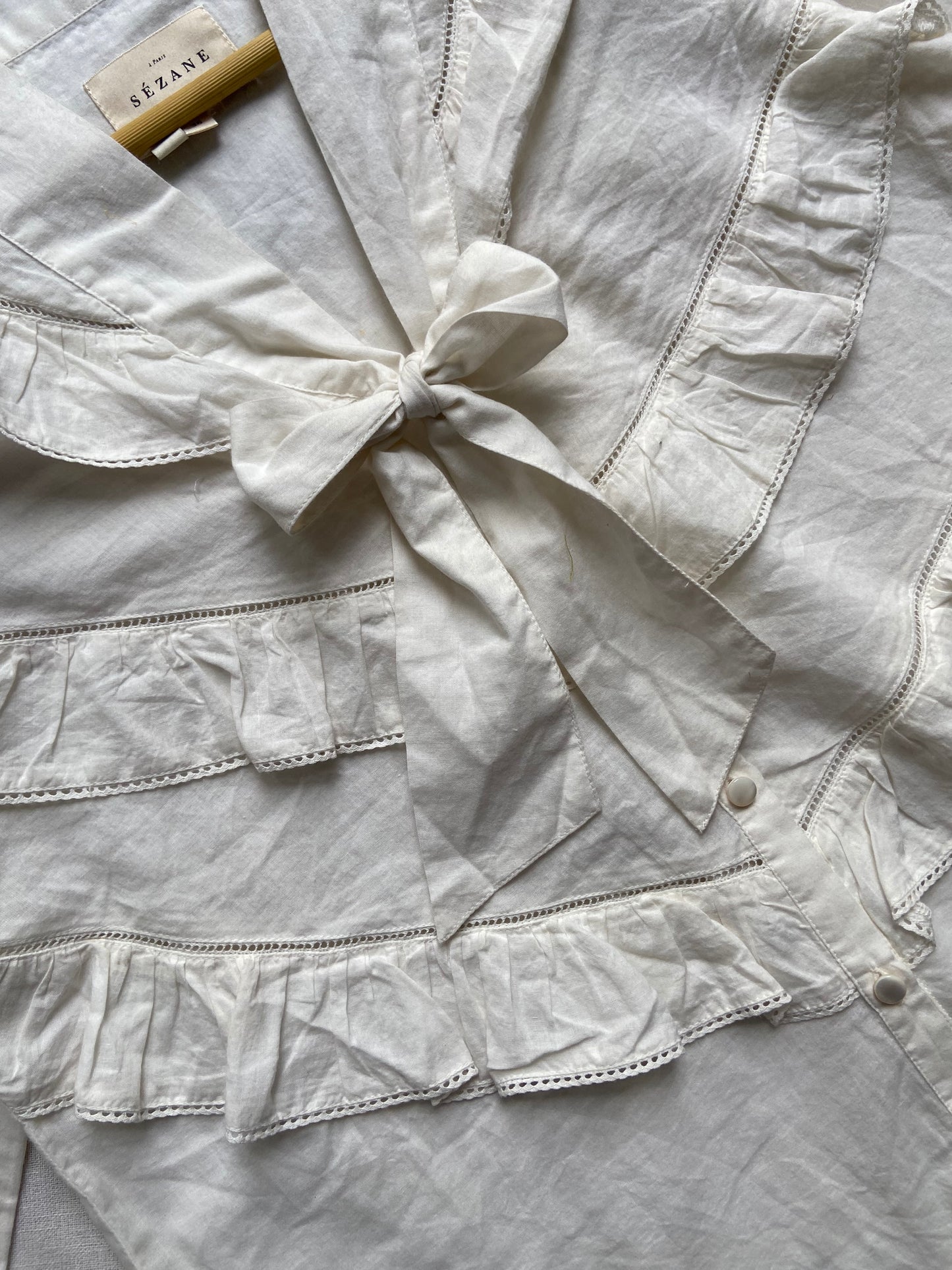 White Ruffled Long Sleeve Shirt with Bow Tie Neck