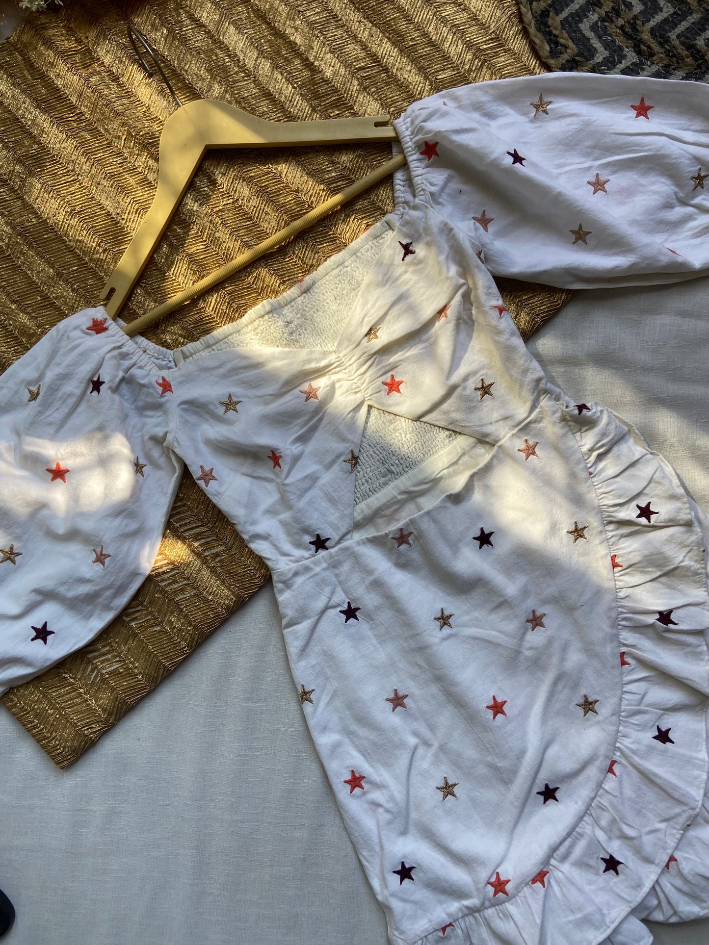 White Puff Sleeve Dress with Star Embroidery