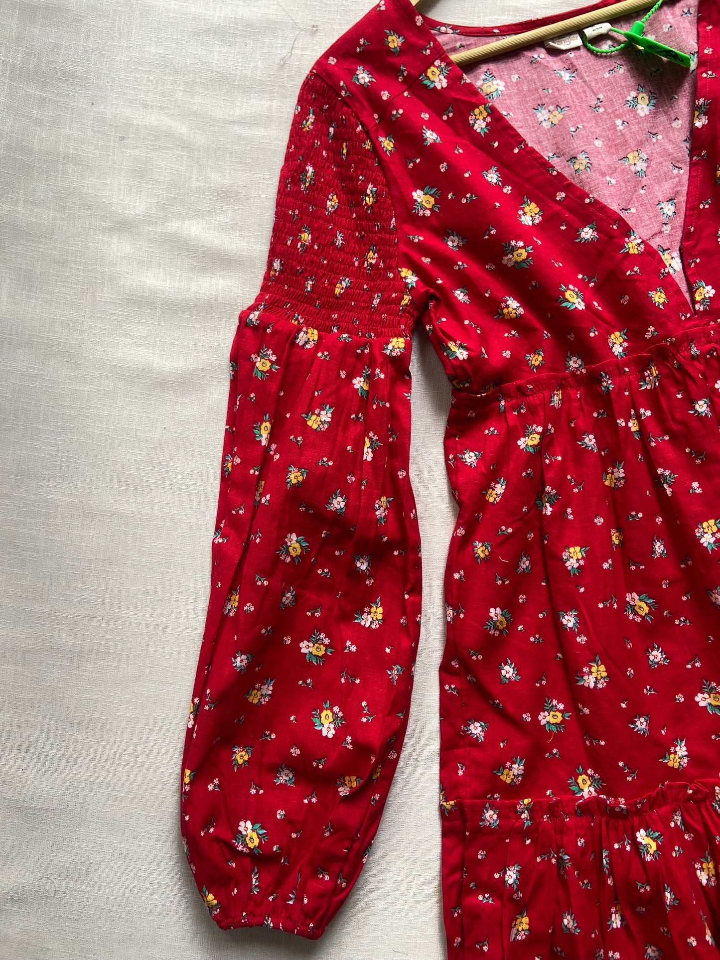 Red Floral V Neck Tiered Midi Dress