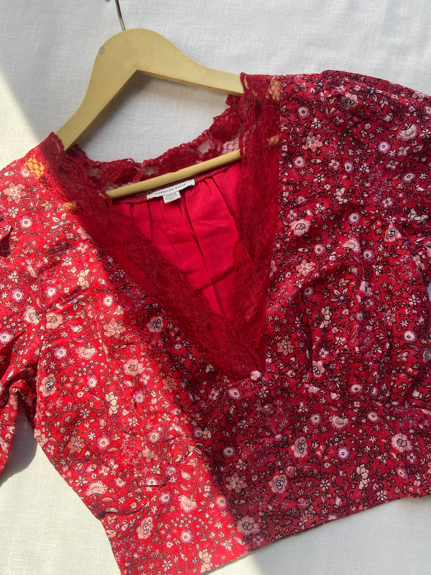 Red Floral Lace Trim V-Neck Top
