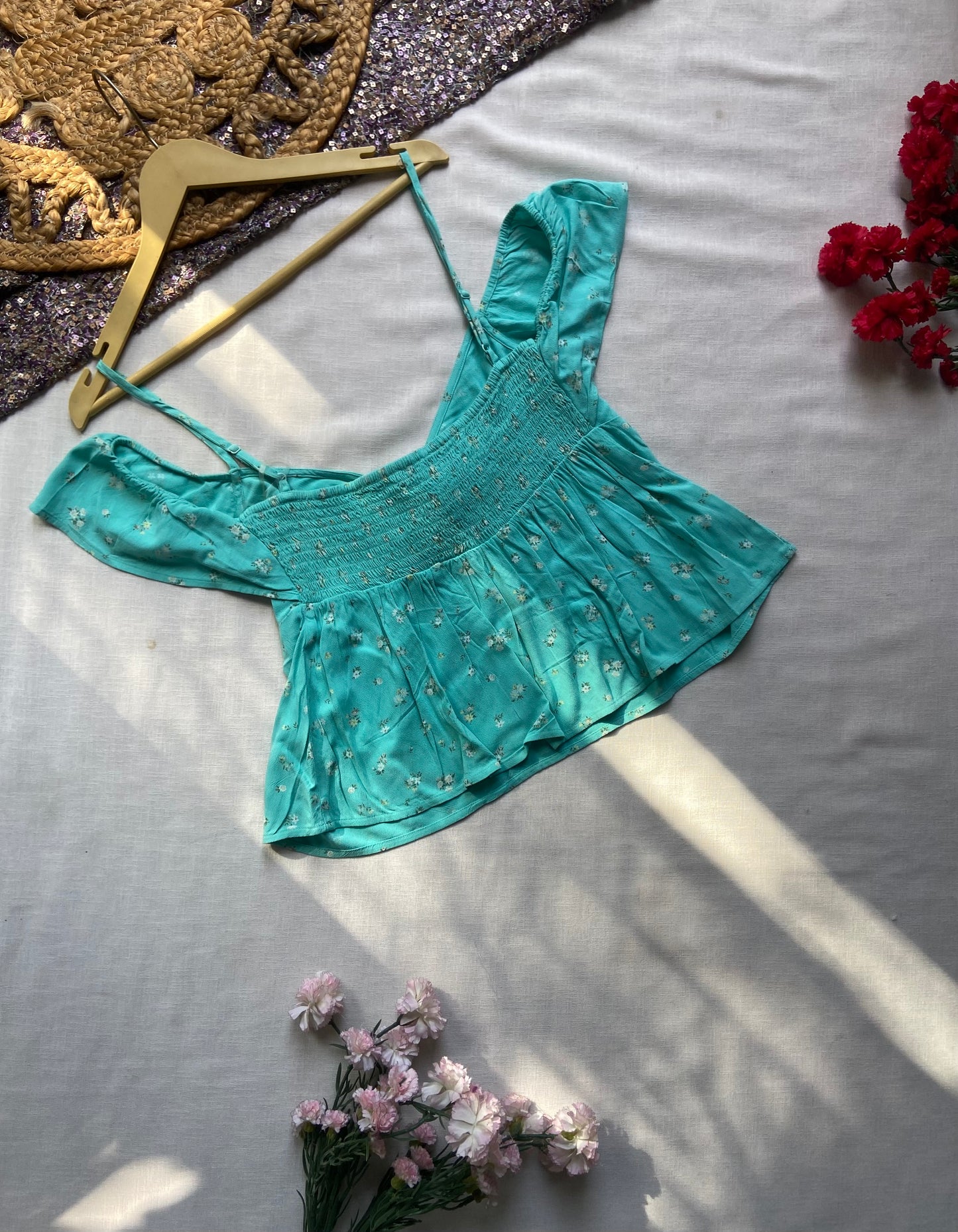 Floral Off-Shoulder Tie-Front Crop Top – Aqua Blue