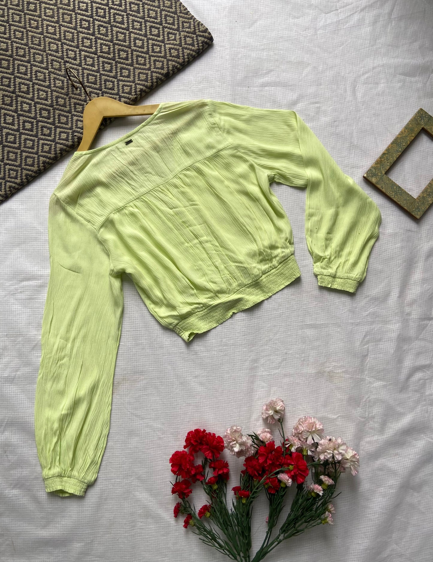 Lime Green Wrap Front Long Sleeve Crop Top