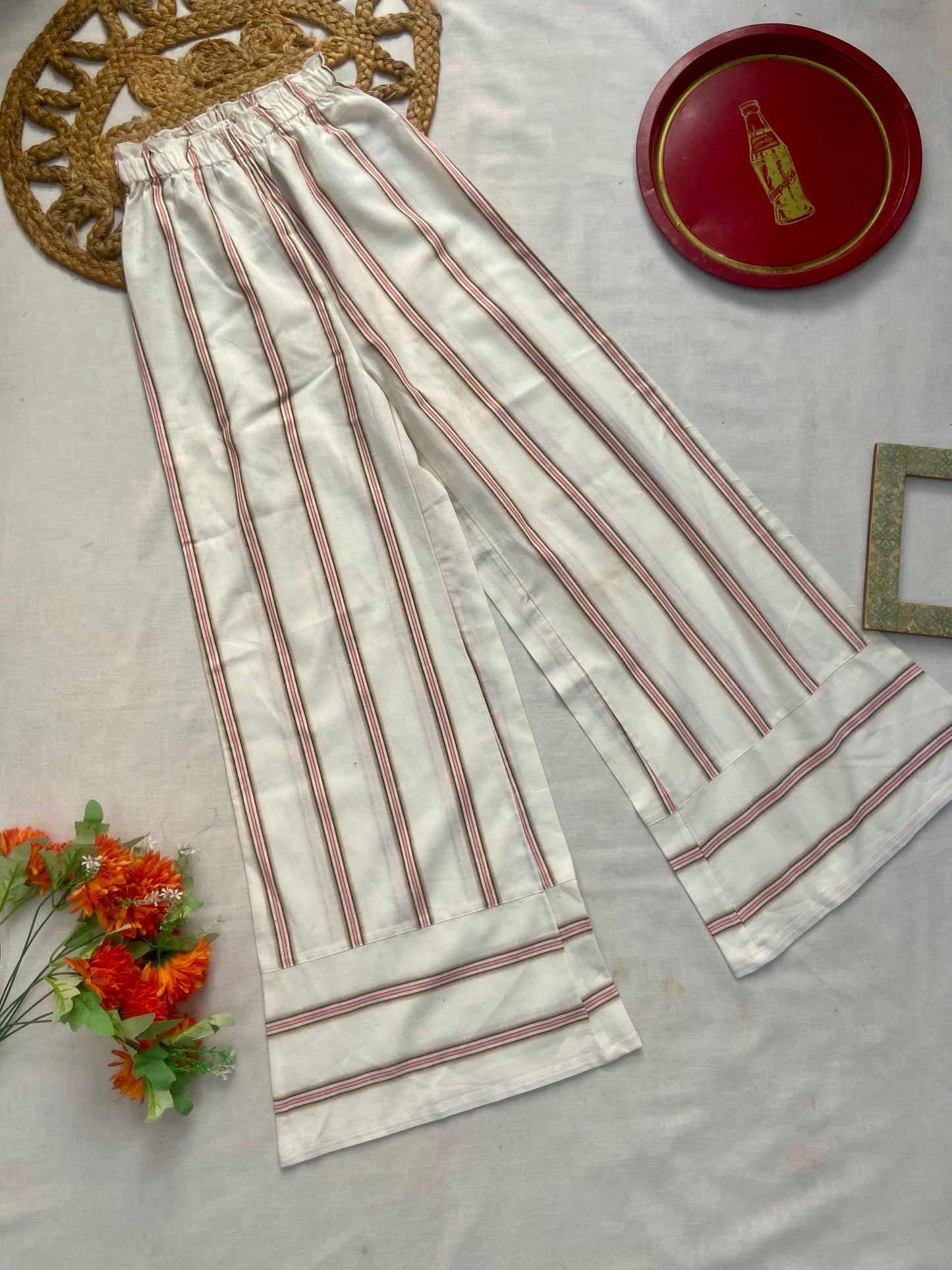 Women’s White Striped Wide Leg Pants with Elastic Waist