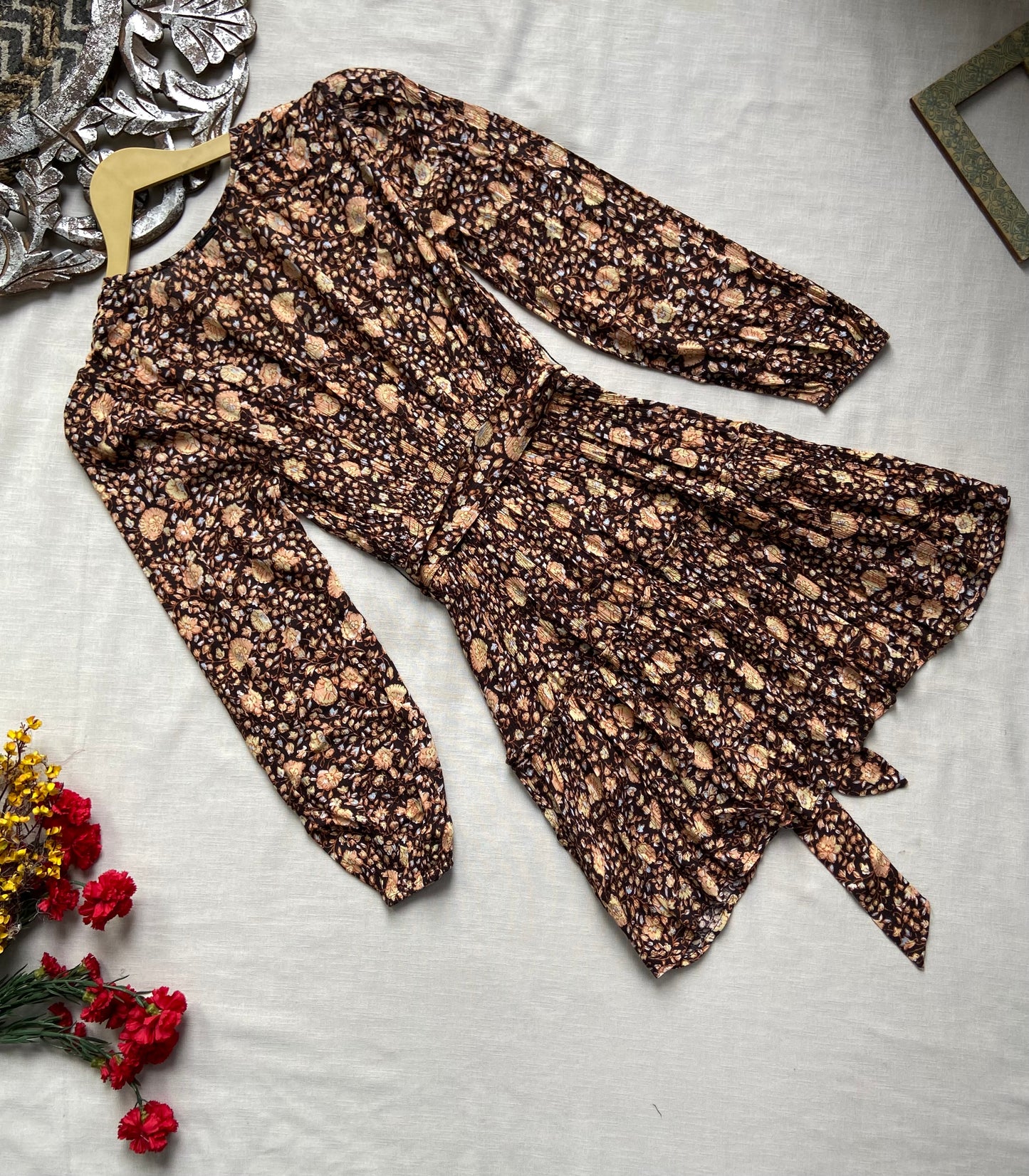 Brown floral wrap mini dress