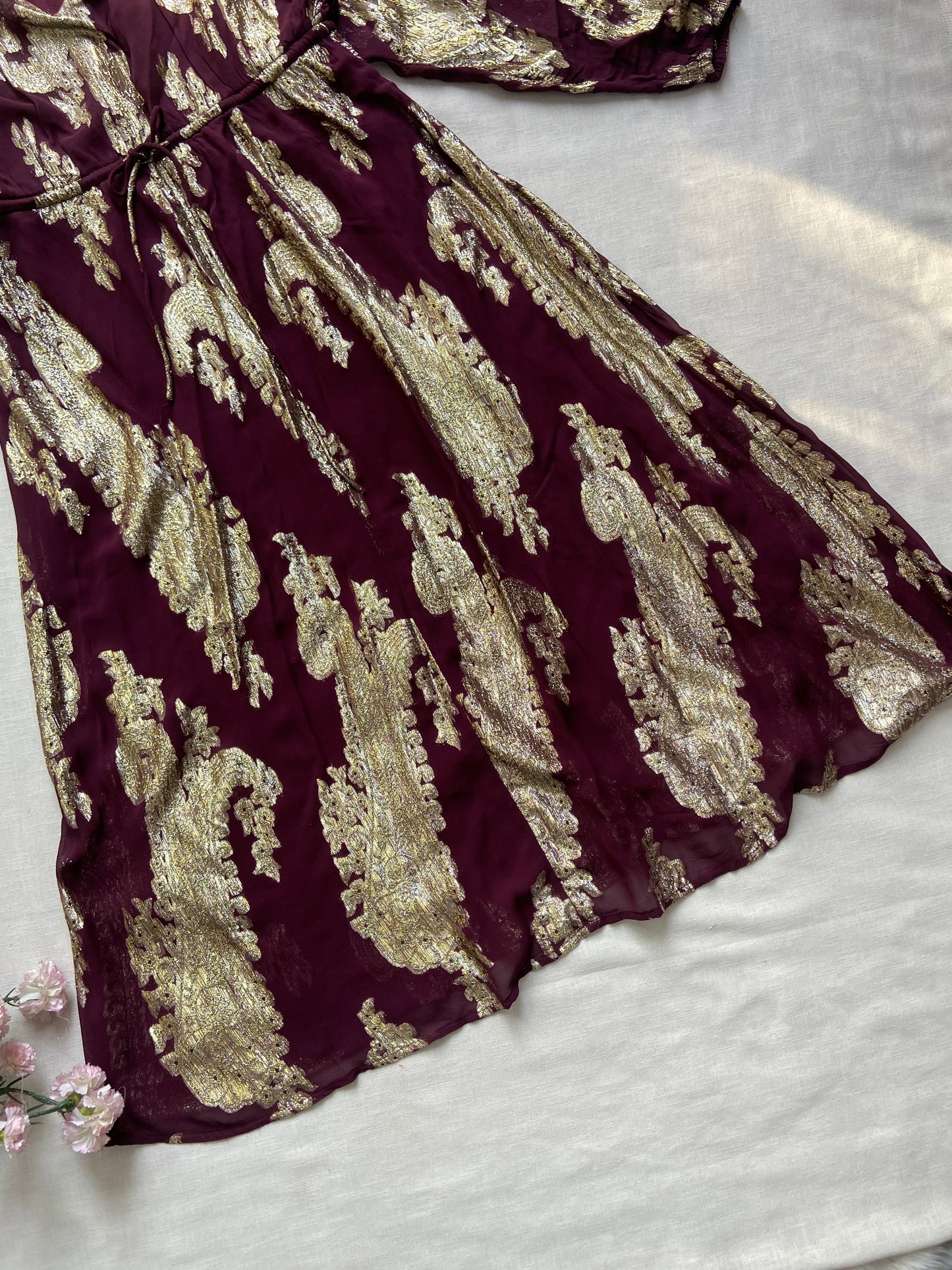 Maroon & Gold Foil Print Flared Dress