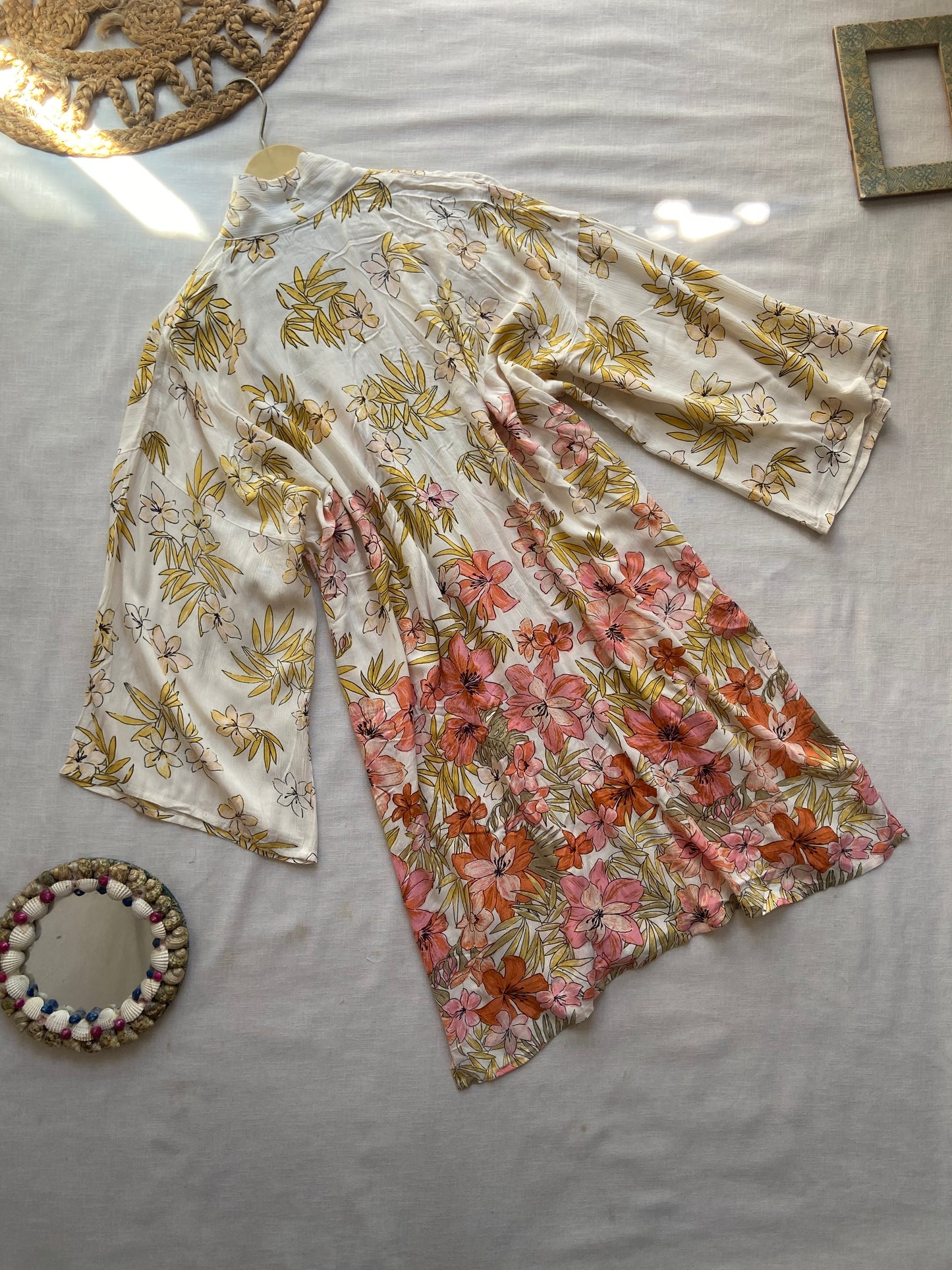 Beige Floral Long Beach Shrug