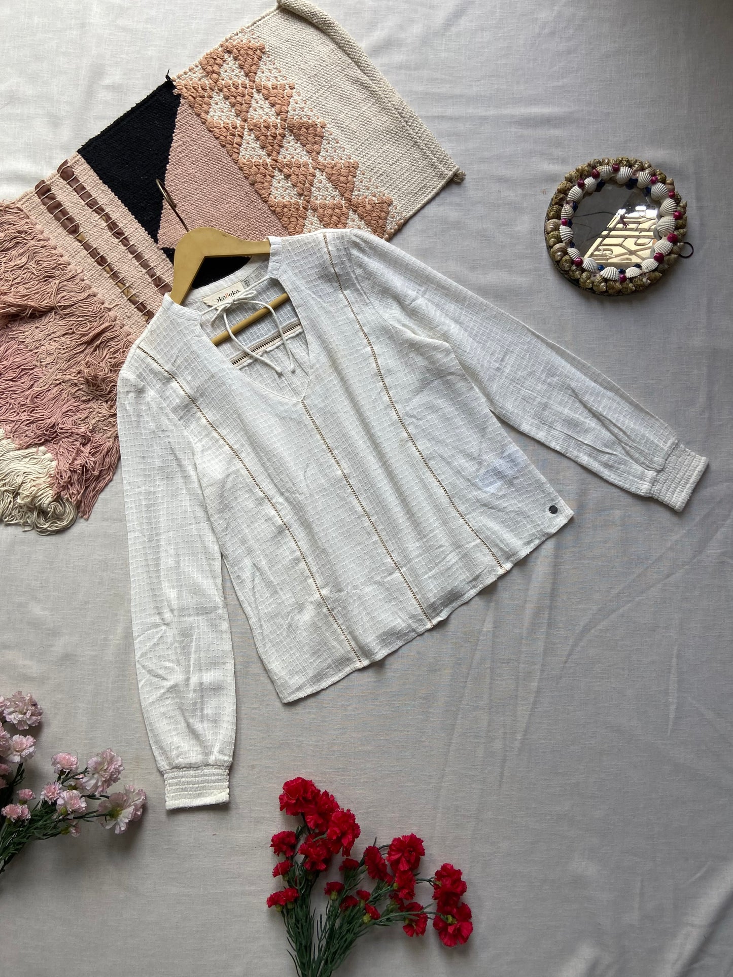 White Textured Cotton Blend Top with Pintuck Detail & Long Sleeves