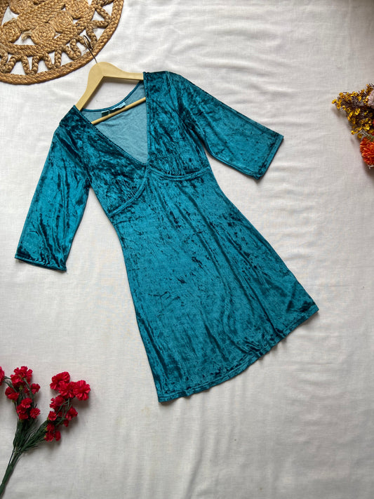 Teal Velvet Bodycon Mini Dress with V-Neck and 3/4 Sleeves