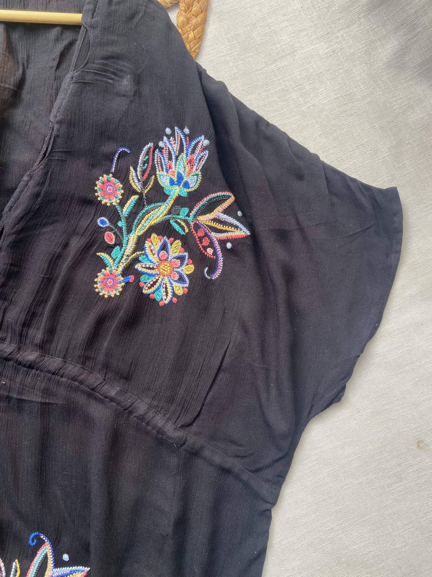 Black Embroidered Kimono Shrug for Women